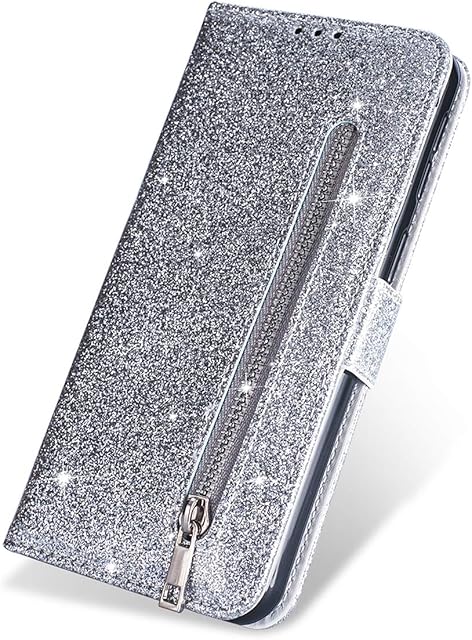 ZCDAYE Case for iPhone 11,Bling Glitter Sparkly Zipper PU Leather Magnetic Flip Folio Card Pockets Holder with Wrist Strap Stand Protective Case Cover for iPhone 11 6.1"(2019)-Silver