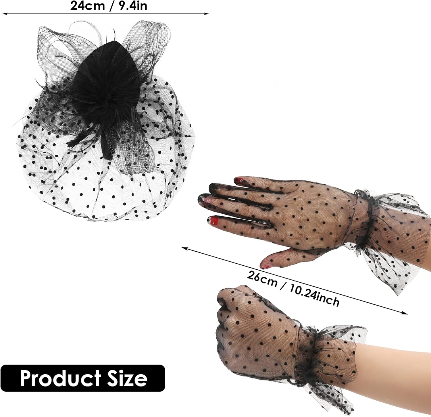 Vintage Fascinator Hat Women's Feather Mesh Face Veil Hat Tea Party Headwear with Hair Clip and Black Short Floral Lace Gloves for Women - Image 2