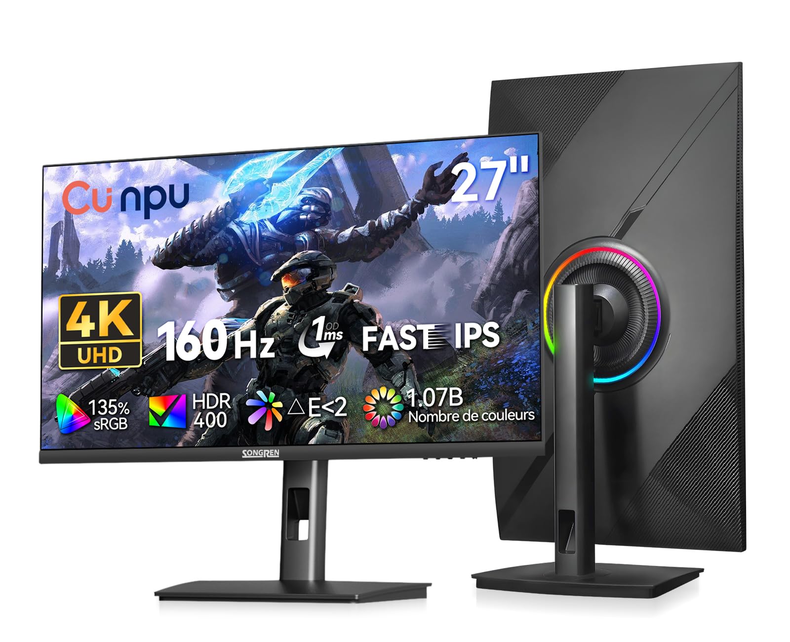 CUNPU Écran PC 27 Pouces 4K 160Hz, Fast IPS 1ms, HDR400, Réglable en Hauteur, 135% sRGB,100% Adobe RGB,100% DCI-P3, 2X HDMI 2.1 for PS4/5/XBOX 4K 120Hz & 2X DP 1.4, Protection oculaire