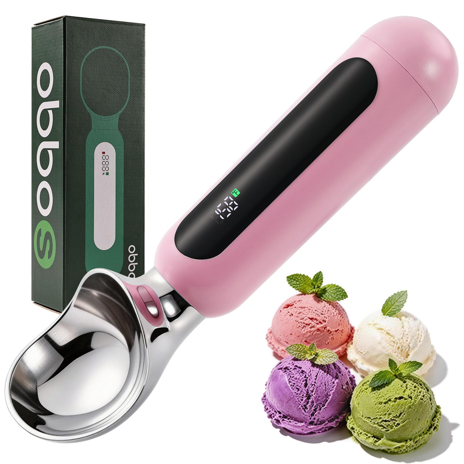 Paletta per gelato riscaldata, ricaricabile, elettrica, con display a LED, interruttore on/off, impermeabile IP67, riscalda fino a 70 °C, per gelato duro (rosa)