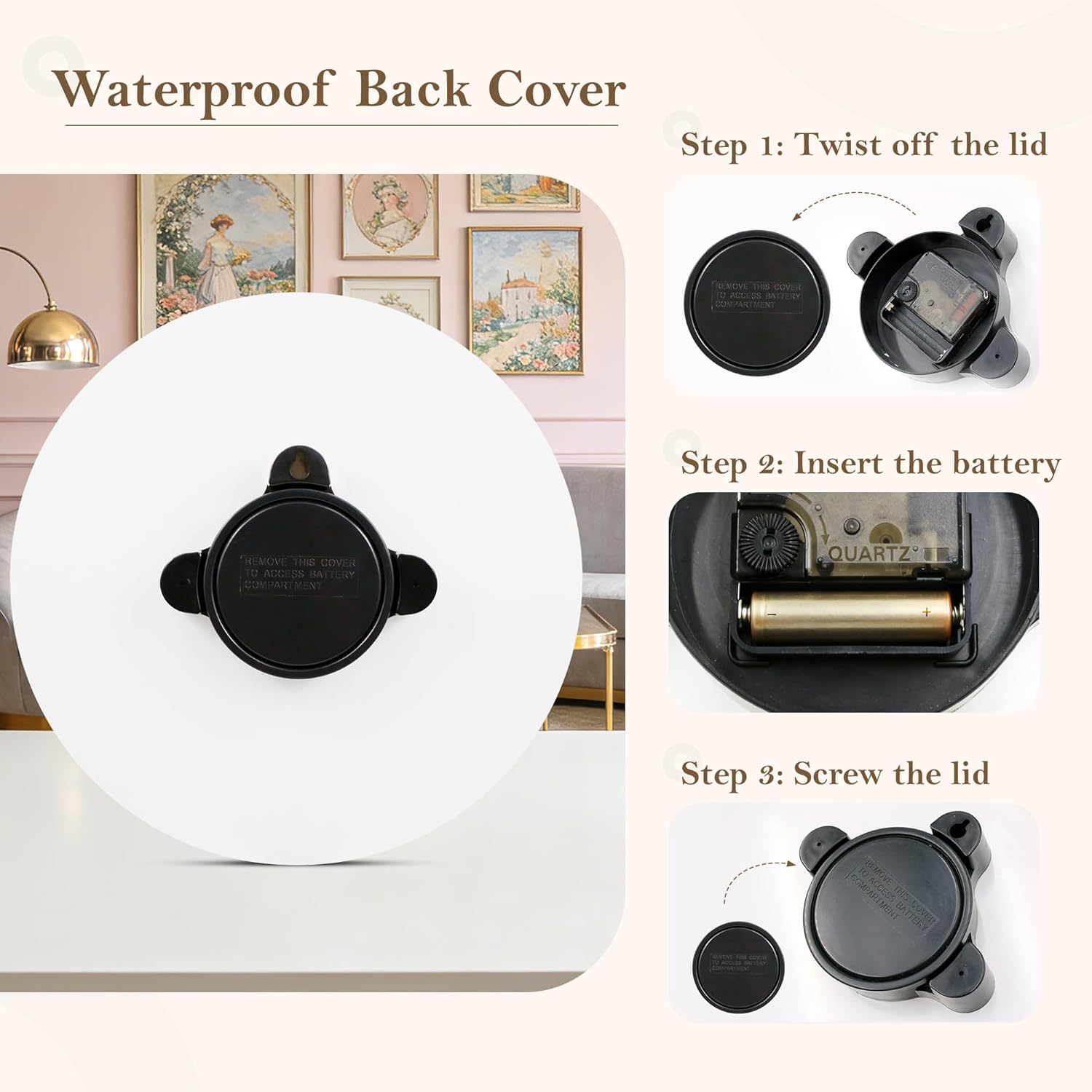WISKALON Indoor Outdoor Glass Clock 12 Inch Waterproof Retro Vintage French Country Style Wall Clock Battery Operated Silent Non-Ticking for Bathroom Patio Pool Wall Decor Black Gold