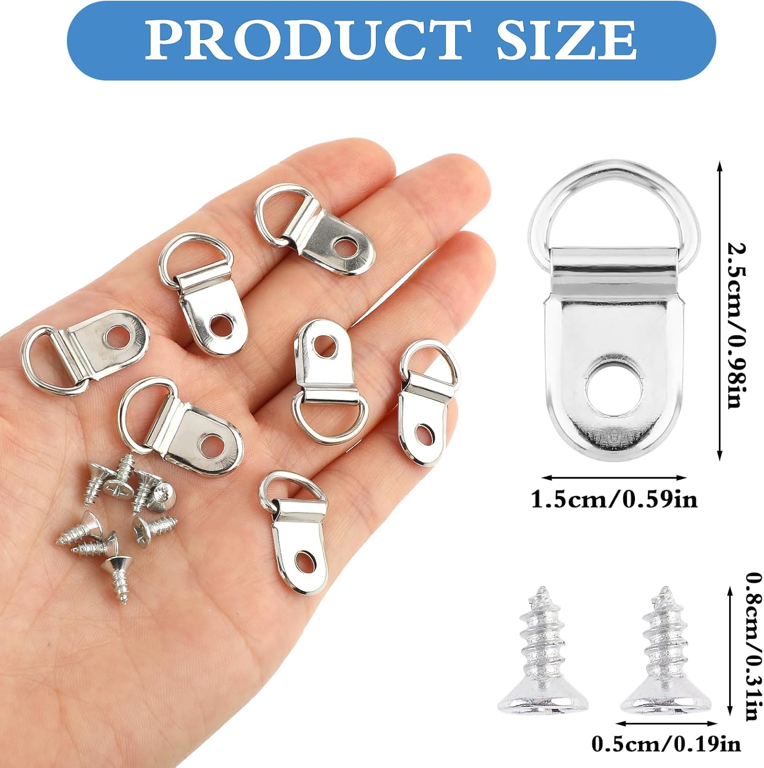 Generic 50pcs D Ring Picture Hangers with Screws, Heavy Duty Silver Iron Picture Hanging Hardware, Bulk D Rings, Single Hole Picture Frame Hanger, Picture Hooks for Mirror,Clock,Decoration,Artwork