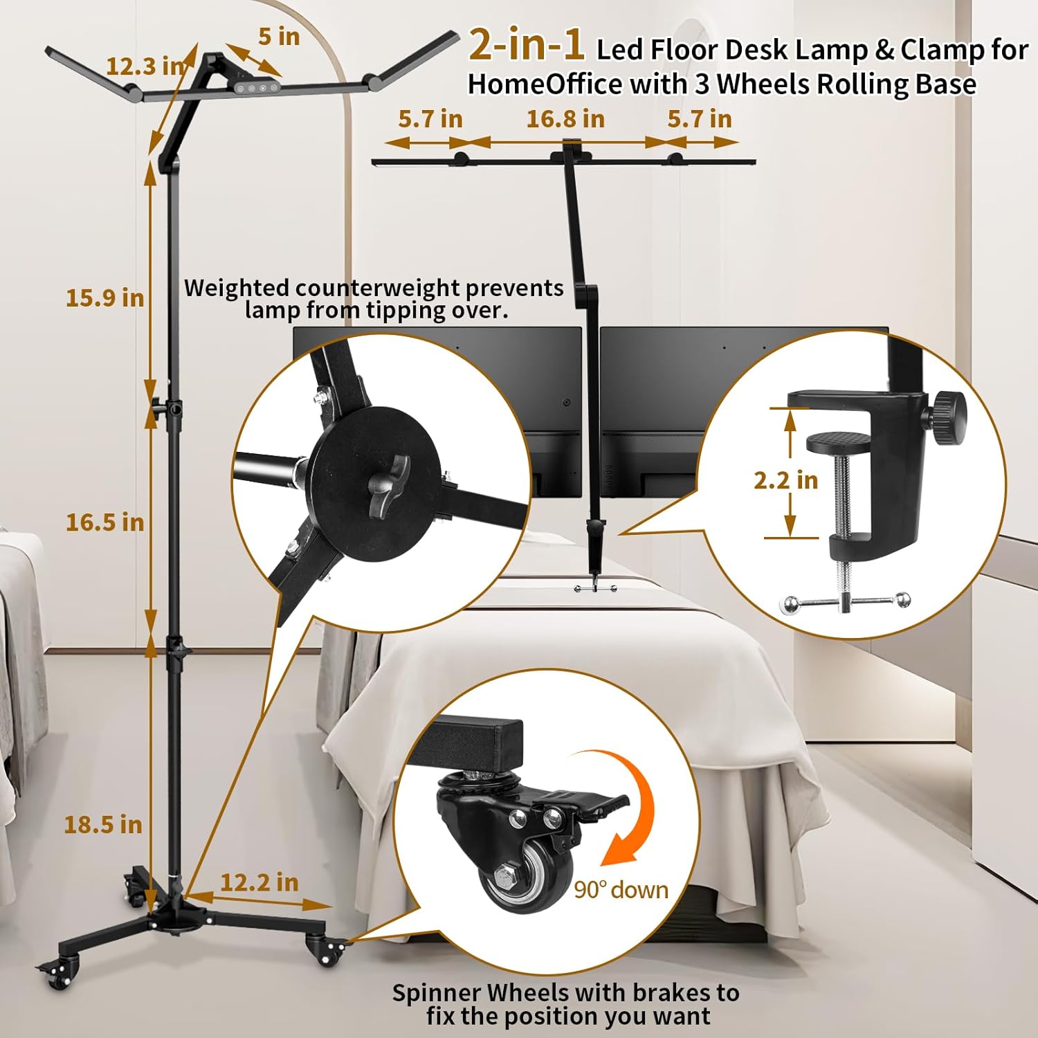 HITTI Lash Light for Eyelash Tech, 2-in-1 LED Floor Light and Clamp, Bright Foldable Half Moon Light, Stepless Dimming 3 Color Estheticians Light, Lash Lamp for Extensions Artists Tattoo Nail