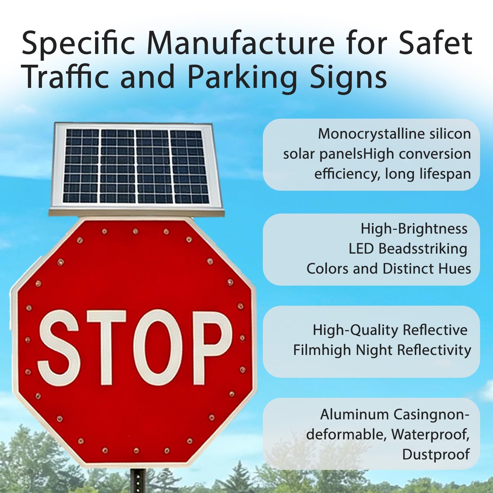 Señal de Tráfico Solar Octogonal, Cartel Reflectante con Energía Solar, Visibilidad 500 m, Marco en Aluminio, para Vías Rurales, Cruces Viales y Zonas Industriales(24")