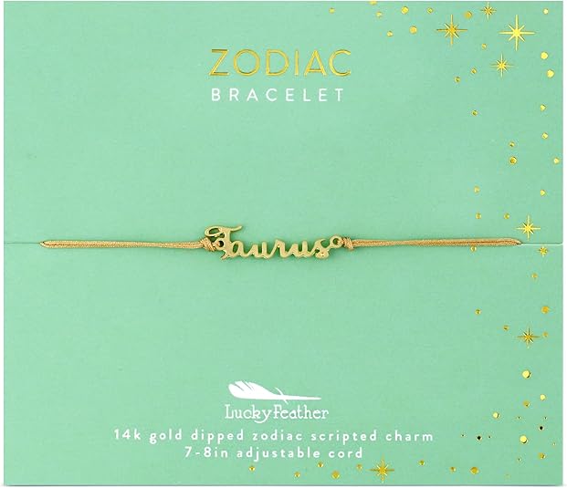 Lucky Feather Zodiac Bracelet - 14K Gold-Dipped Zodiac Constellation Celestial Sign Bracelet - Birthday Gifts for Women and Teenagers on Adjustable 7
