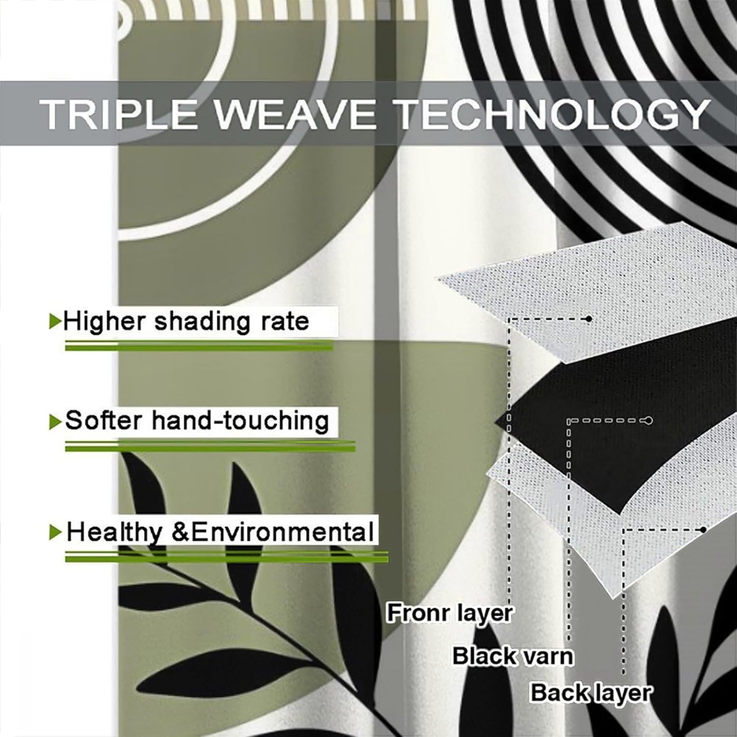 Green Mid Century Boho Curtains,Abstract Leaves Arch Moon Phase Sun Geometric Modern Simple Pattern Blackout Rod Pocket Window Treatmen for Bedroom Living Room Kitchen Drapes 42" W X 45" L