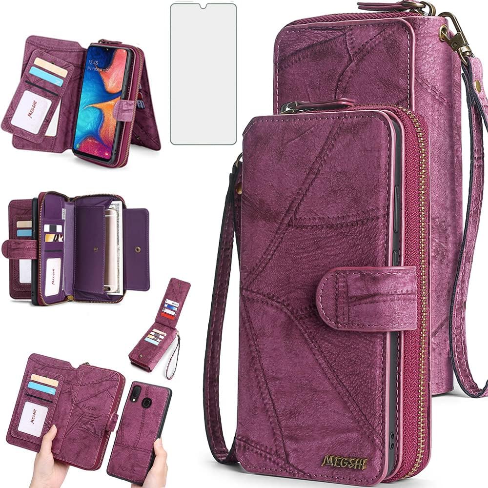 Asuwish Phone Case for Samsung Galaxy A20 A30 Zipper Wallet Detachable Cover with Screen Protector and Leather Flip Mirror Card Holder Slot Cell Accessories M10s A 30 20A SM A205G Women Men Wine Red