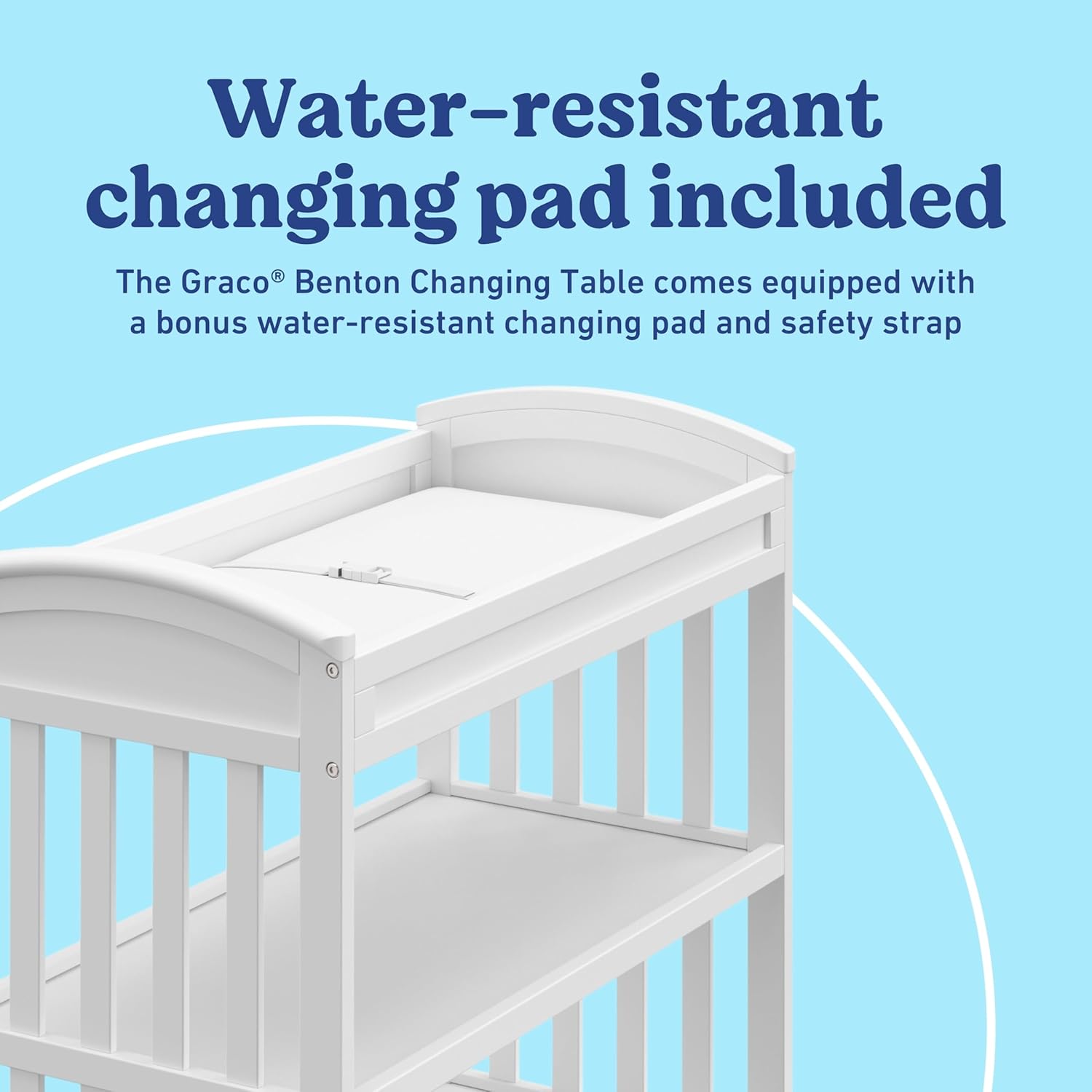 Graco Benton Changing Table with Bonus Water-Resistant Changing Pad (White) - GREENGUARD Gold Certified, Includes Diaper Change Pad with Safety Strap, 2 Open Storage Shelves for Organizing