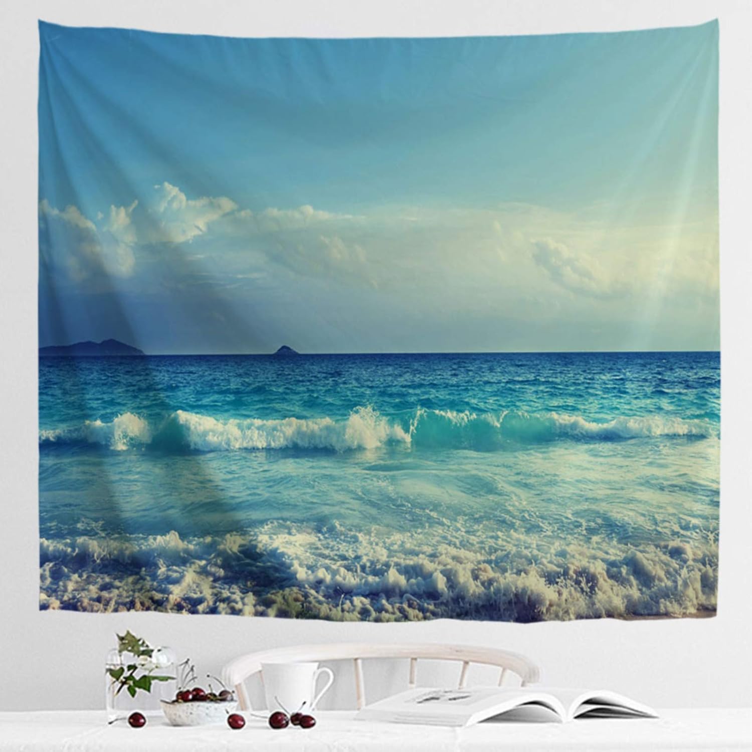 IcosaMro Ocean Tapestry Wall Hanging, Beach Blue Sea Wave Landscape Scenery Nature Wall Art [Double-Folded Hems] Bohemian Home Decor for Bedroom, Dorm, College, Living Room, 51x60, Blue
