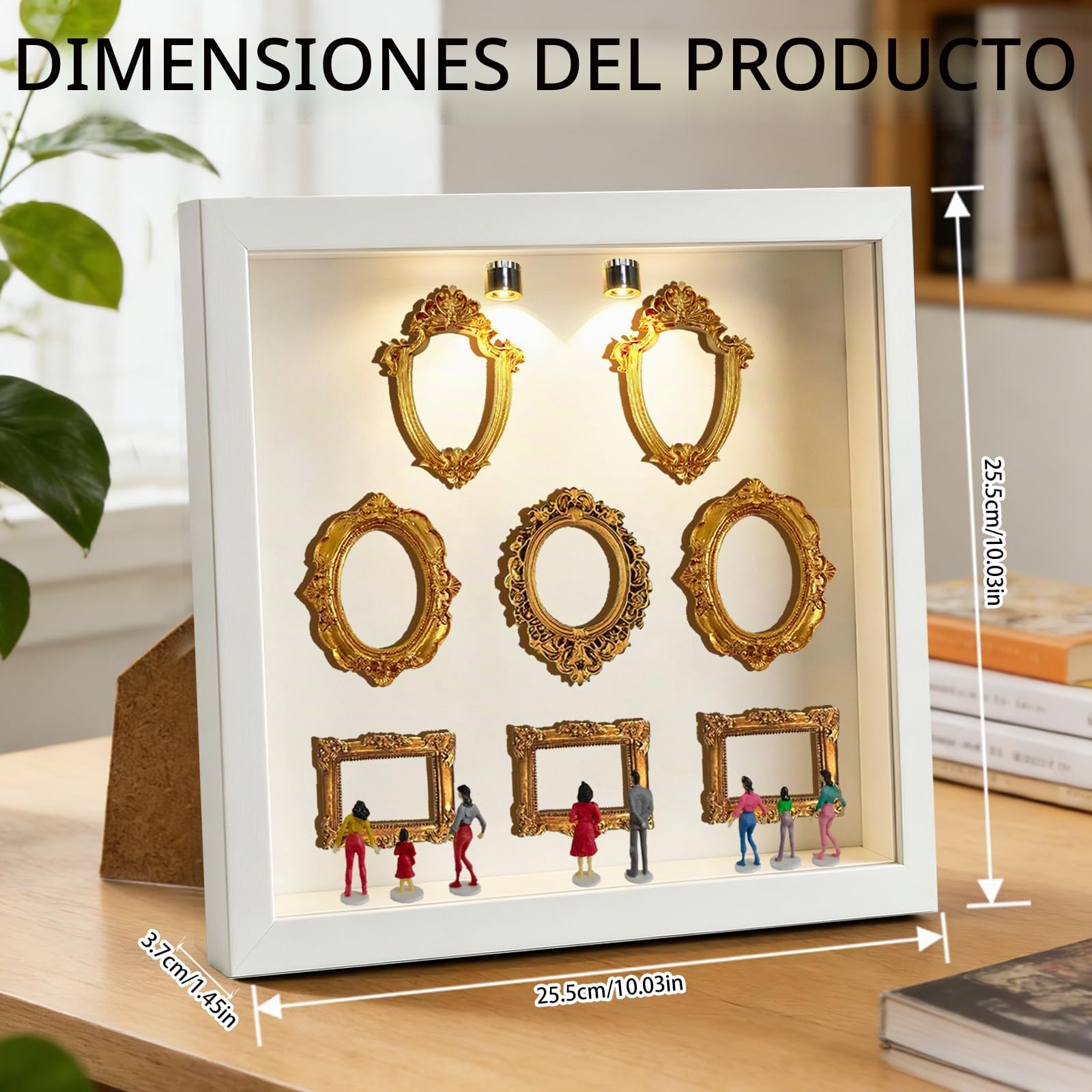YOUYIKE Mini Marcos de Fotos Museo con 8 Mini Oro Marco Fotos 8 Miniaturas 2 Luz LED Miniatura DIY Cuadro Personalizado con Foto Regalo