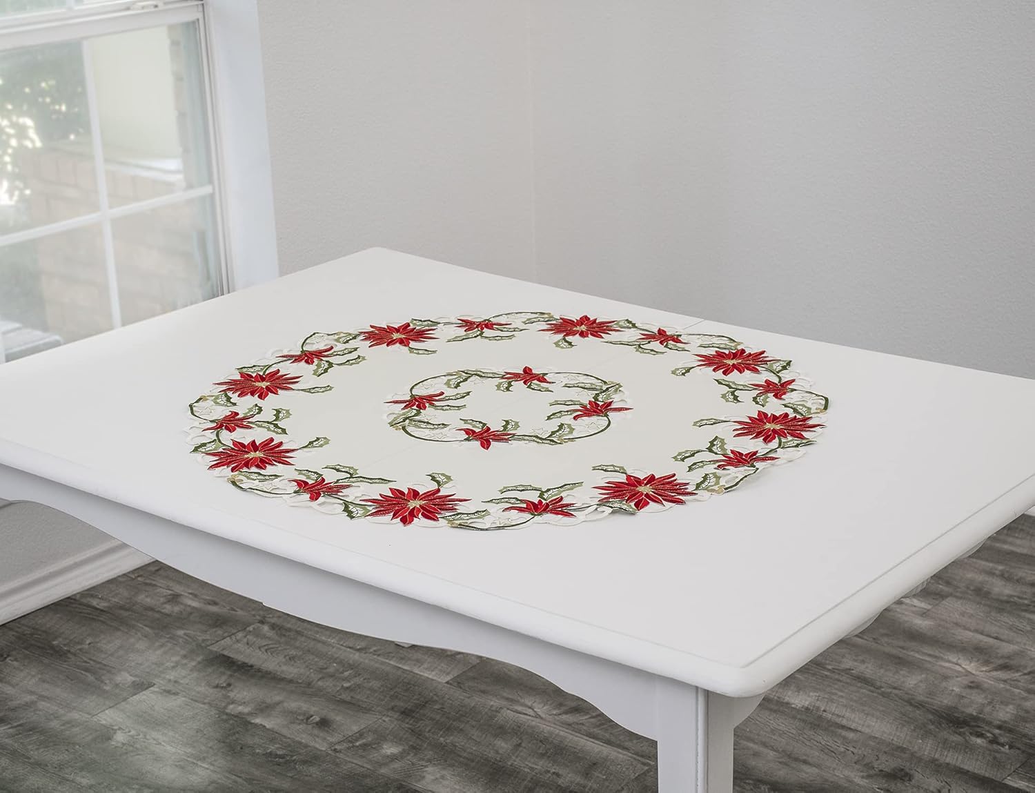 Linens, Art and Things Embroidered Christmas Holiday Poinsettia Large Doily, Small Table Topper, Small Tablecloth (34 Inch Round)