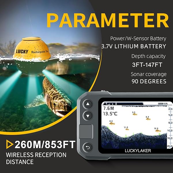 LUCKY Ricercafischi portatile per kayak con trasduttore sonar wireless, ricaricabile a mano per barche e rilevatore di profondità dei pesci per la pesca MT-202 - 3