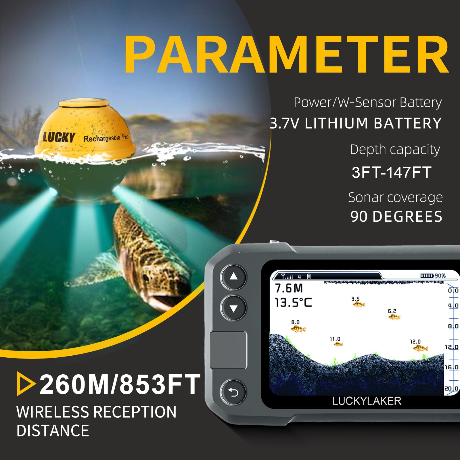 LUCKY Ricercafischi portatile per kayak con trasduttore sonar wireless, ricaricabile a mano per barche e rilevatore di profondità dei pesci per la pesca MT-202 - 3