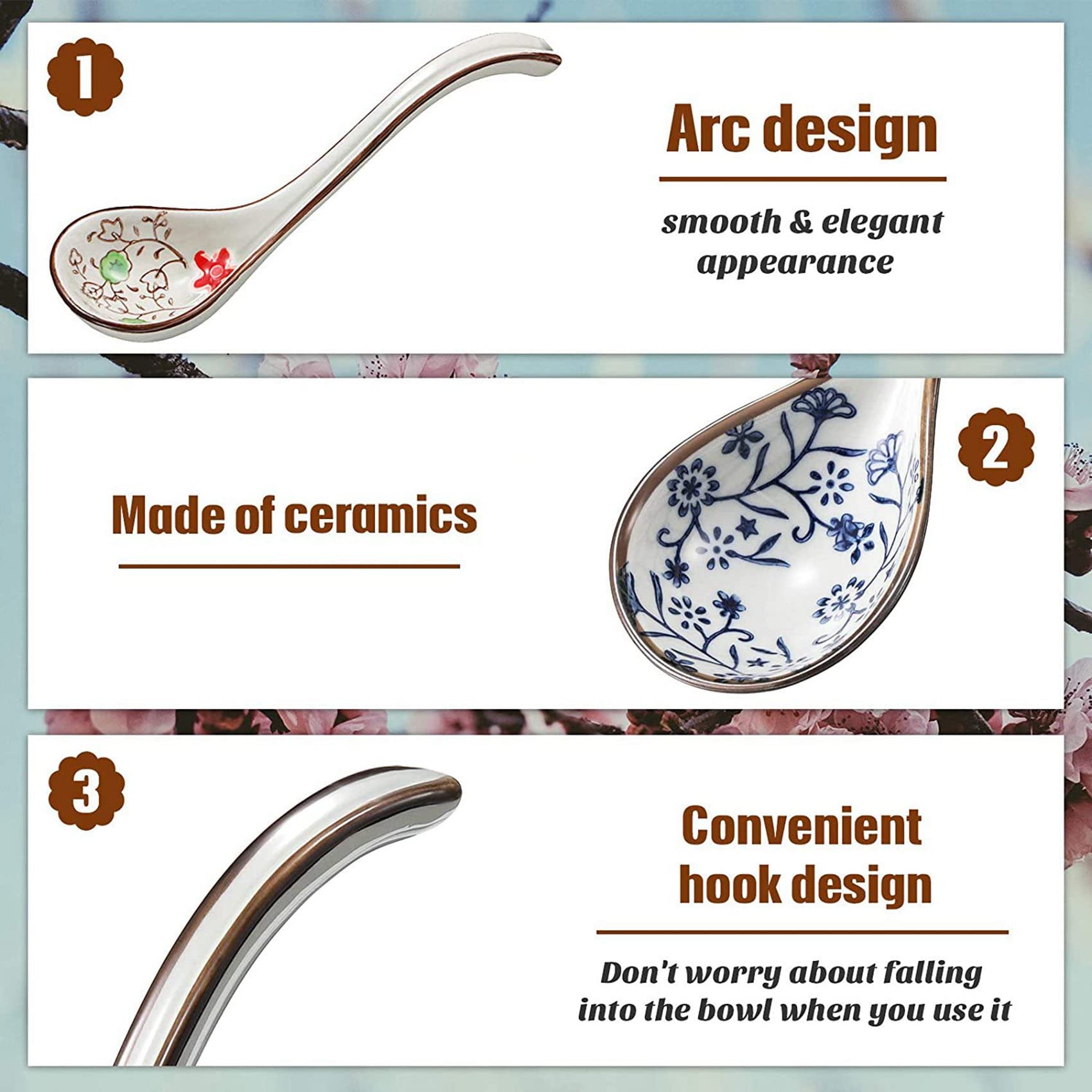 16 PièCes CuillèRes à Riz en CéRamique Chinoise RéTro Asiatique PoignéE CourbéE CuillèRe à Soupe Ramen CuillèRes à Fleurs Peintes à Long Manche