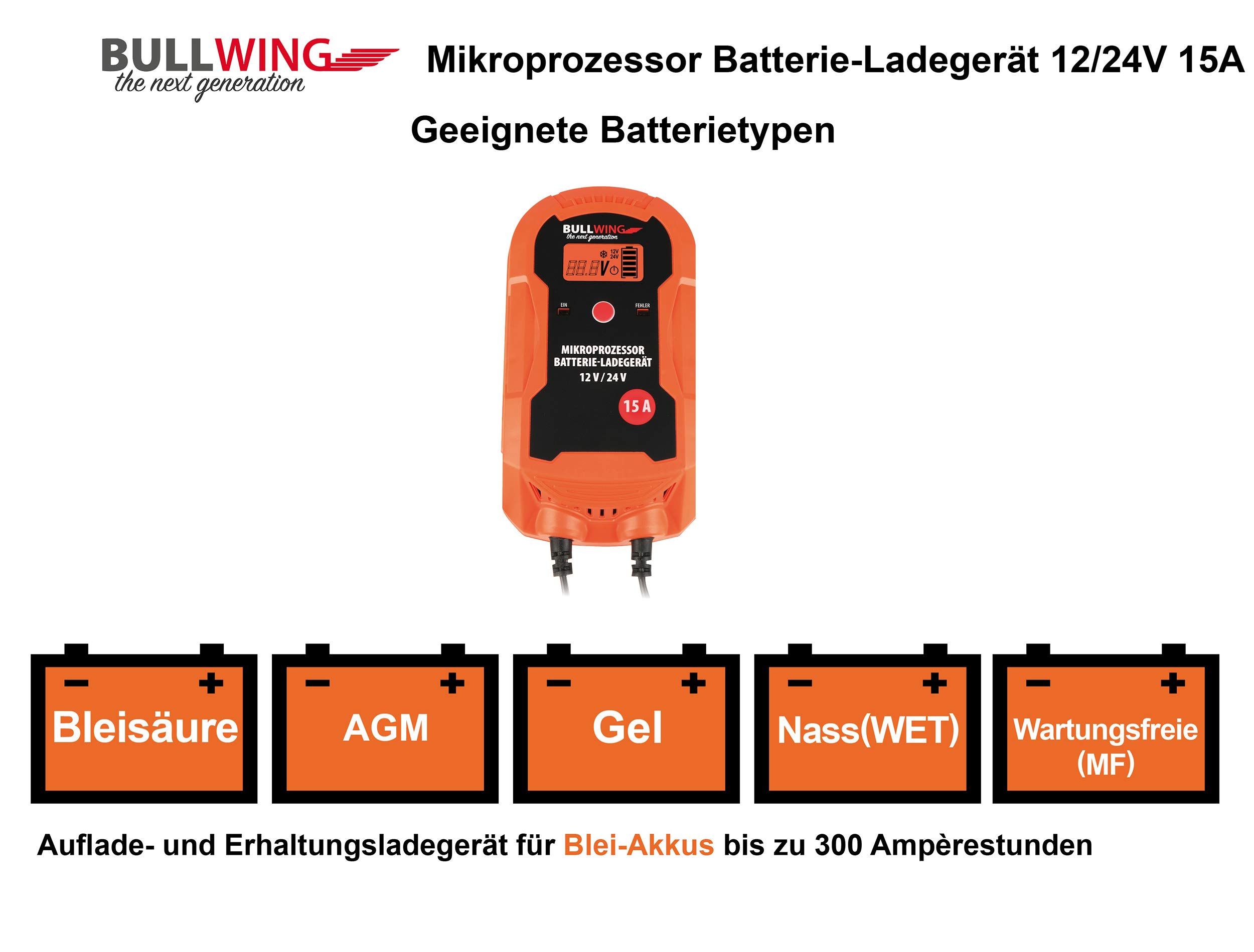 Bullwing Batterieladegerät Mikroprozessor 12/24V 15A LKW Bus Boot Traktor Vollautomatisches 9-stufige Ladegerät Orange