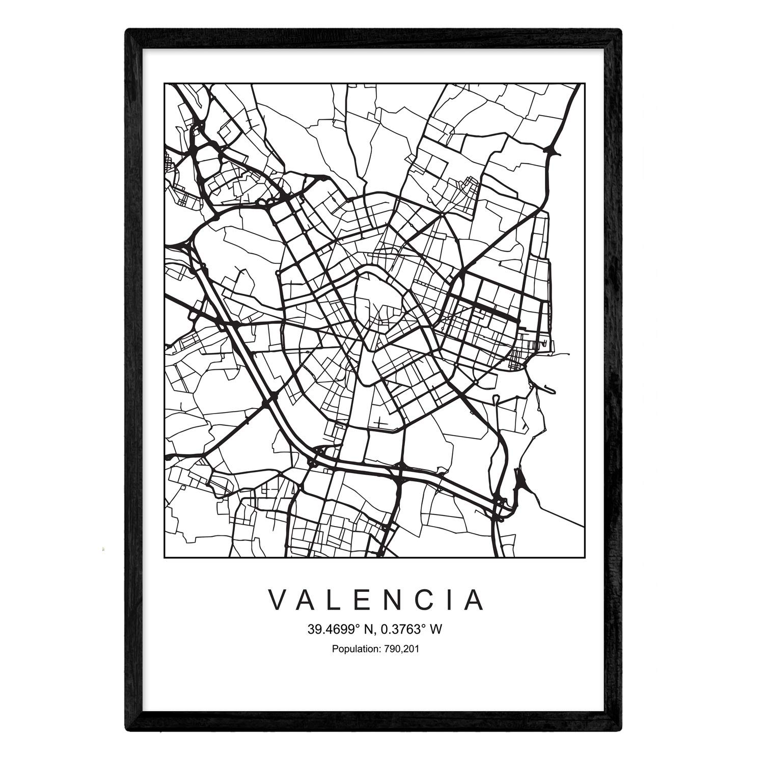 Nacnic Print city map Valencia Scandinavian style in black and white. A3 size,printed poster paper No 250 gr. Paintings, prints and posters for living room and bedroom