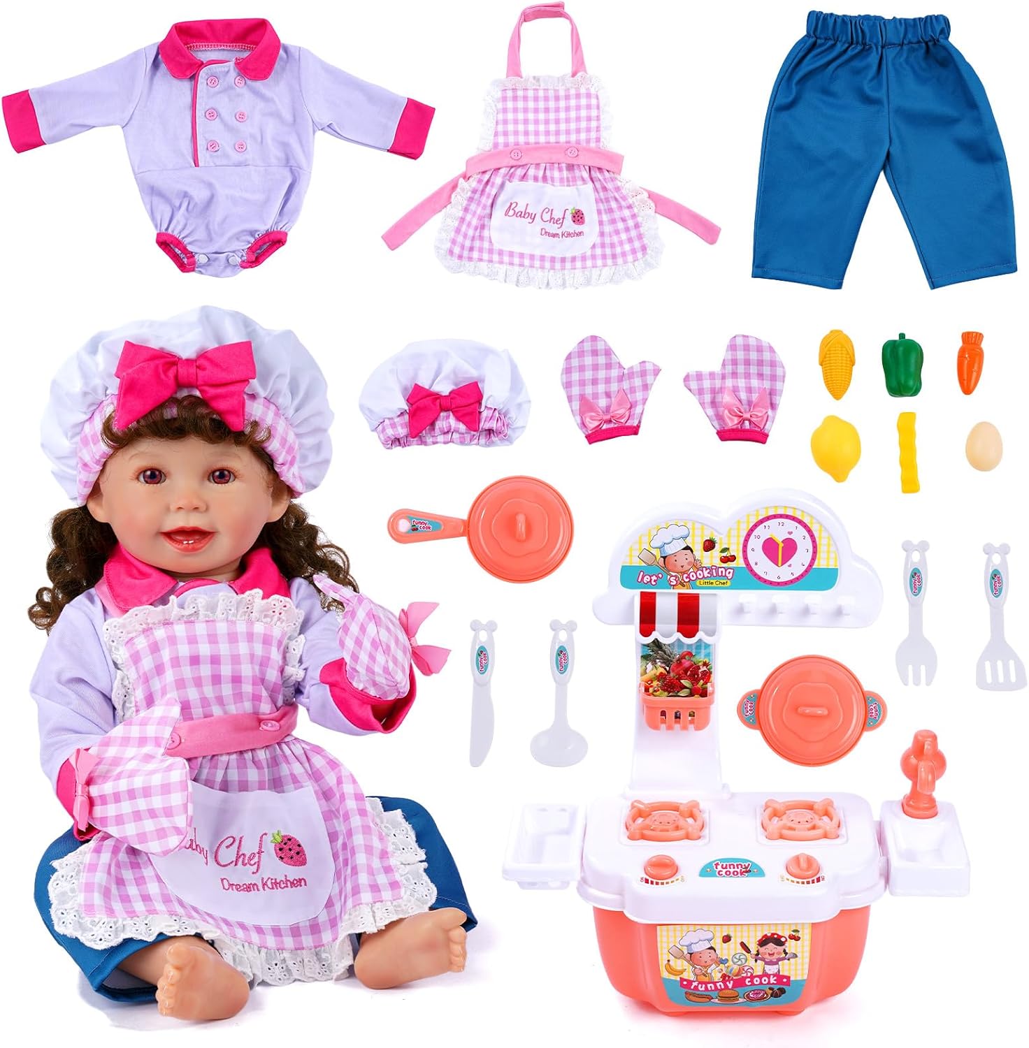 BABESIDE Reborn Baby Doll Clothes for 17-22 Inch Dolls, 18 Pcs Dolls Chef Outfit Set with Apron, Hat, Pants and Cooking Toys Set, Reborn Baby Doll Accessories for Kids Role Play