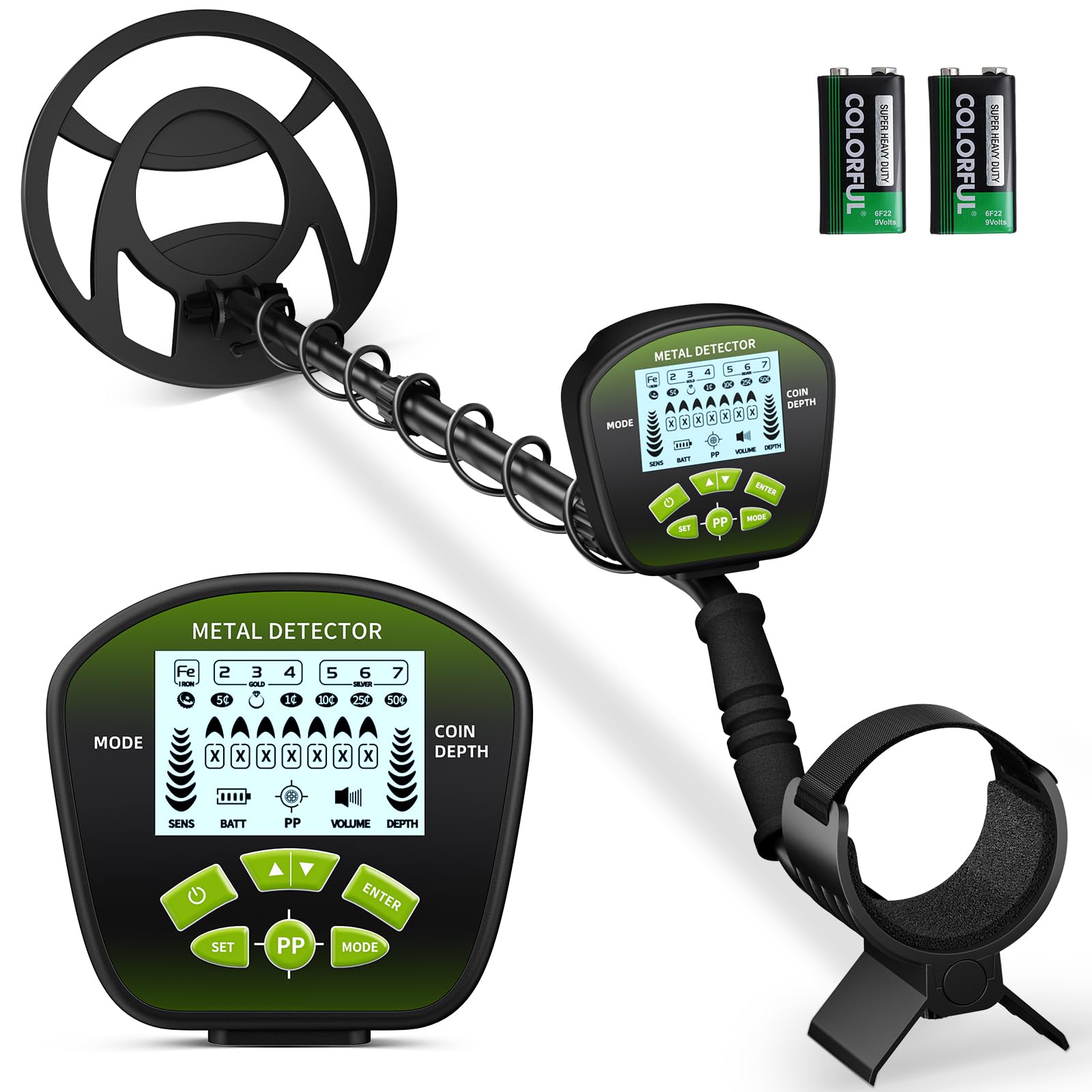 Détecteur de métaux professionnel avec 2 batteries rechargeables,3 modes Détecteurs de métaux pour adultes et enfants,longueur réglable (113-141 cm),détecteur de métaux rechargeable avec bobine (Vert)