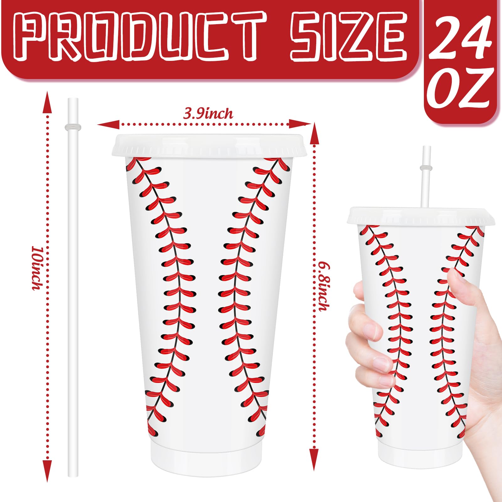 FYSUIMU Lot de 12 gobelets en plastique réutilisables avec couvercles, pailles, ballon de sport, pour anniversaire, café glacé, boissons, voyage, 700 ml (rouge/blanc)