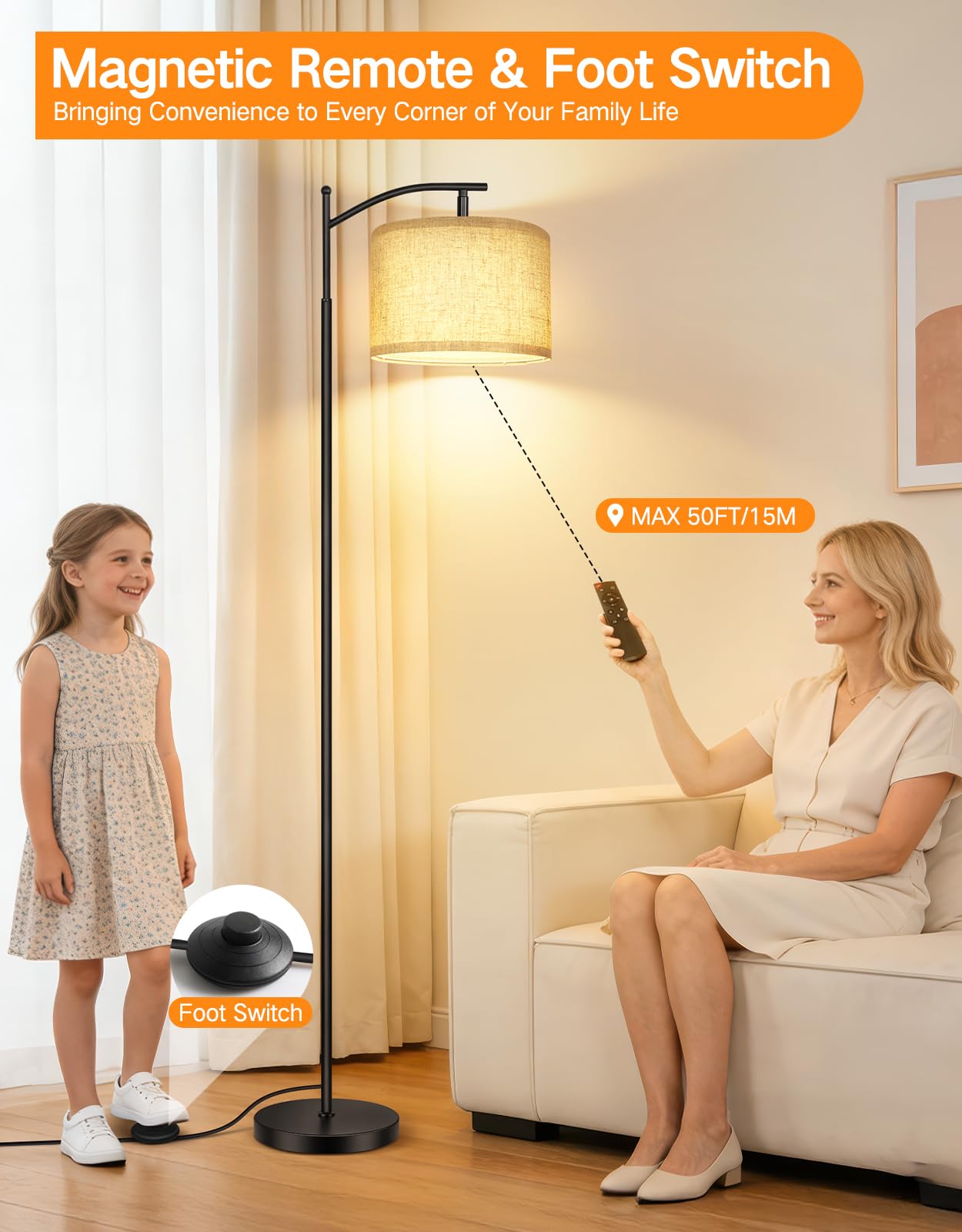 OUTON Lampada da Terra Dimmerabile Continuo 3000K-6500K, LED con Telecomando Magnetico e Pedale, Timer 1H e Memoria, Testa Rotante 90°, Paralume in Lino Bambù, 9W, per Soggiorno Camera Ufficio