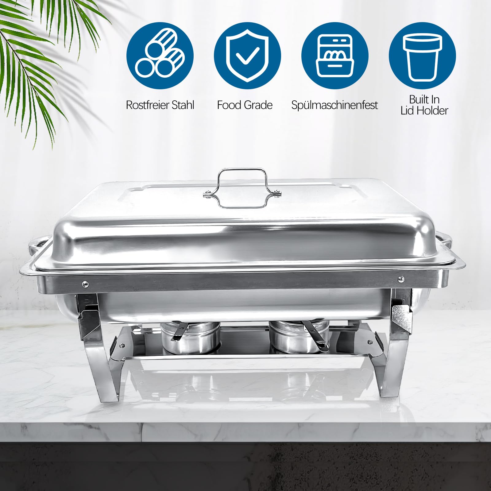 Chafing Dish Edelstahl Buffet-Set Warmhaltebehälter Speisenwärmer Wärmebehälter Rechaud für Catering, Buffet und Party (4 Set 1x2 GN-Behälter)