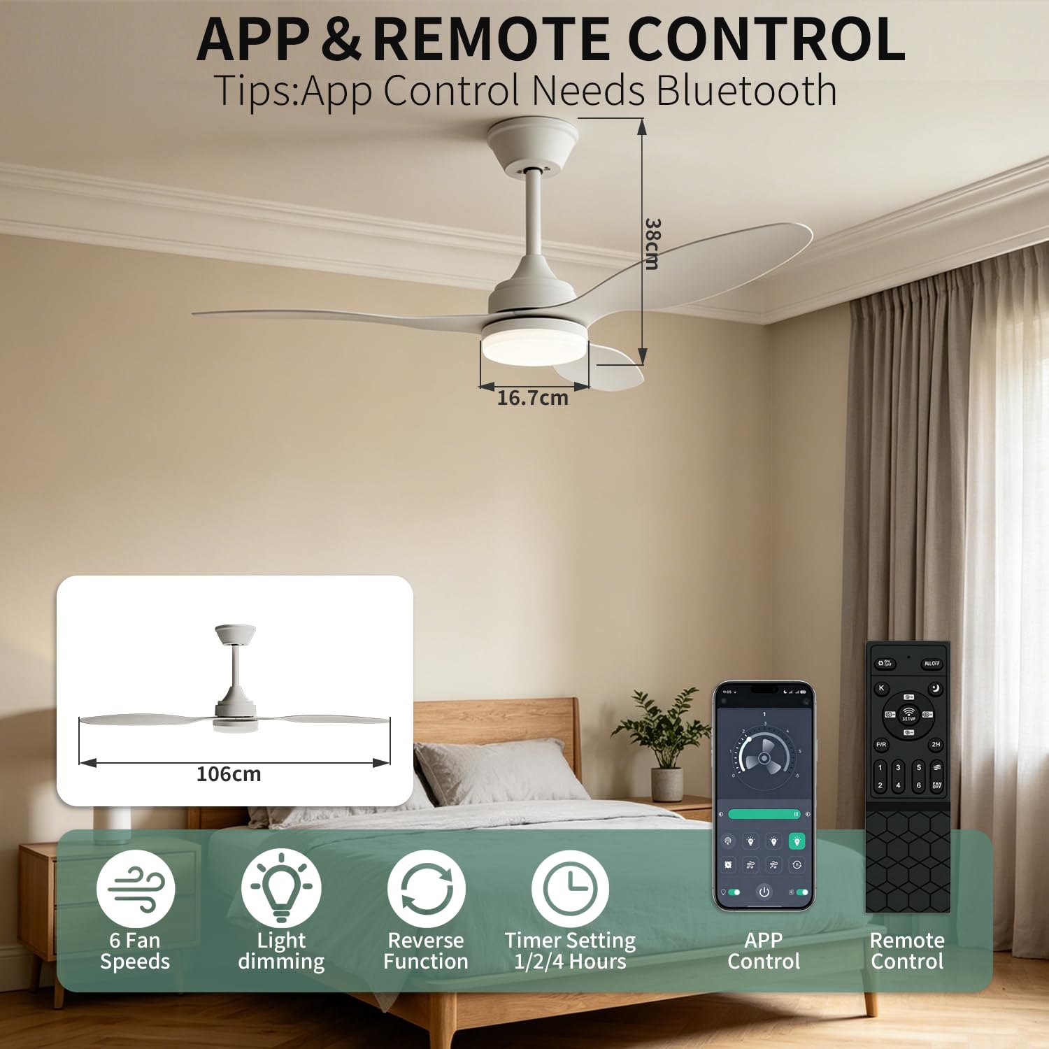 106CM Ventilatore da Soffitto, Ventilatore da Soffitto con Lampada e Telecomando 6 Velocità Reversibile, Lampada da Soffitto Silenziosa con Ventilatore, LED Fan Plafoniera Dimmerabile, Timer