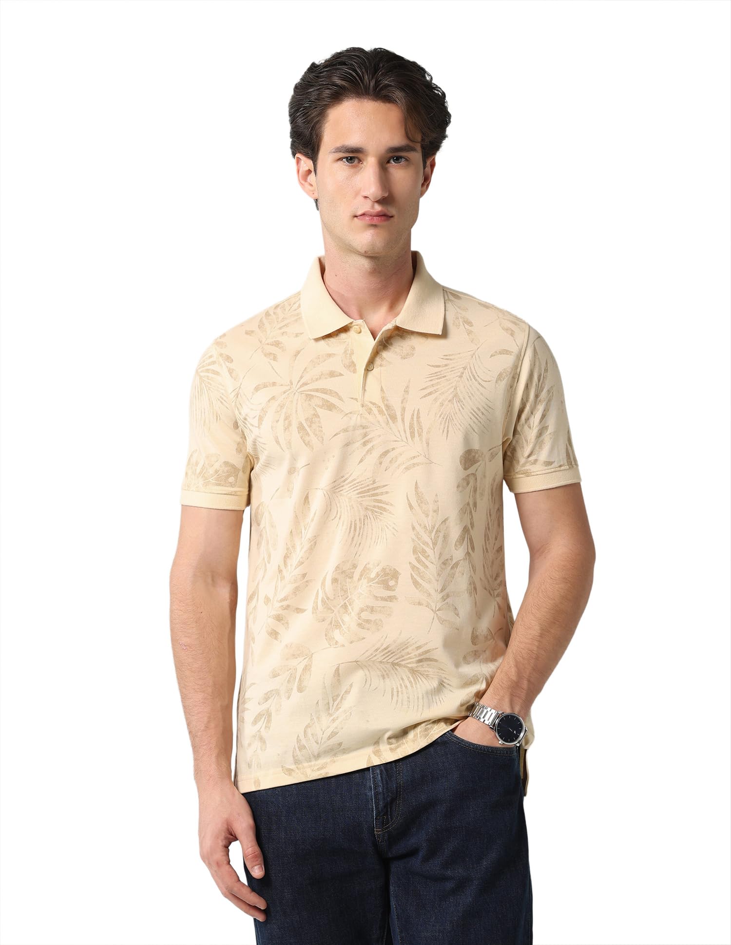 Tropical Printed Polo Shirt Beige-image-37
