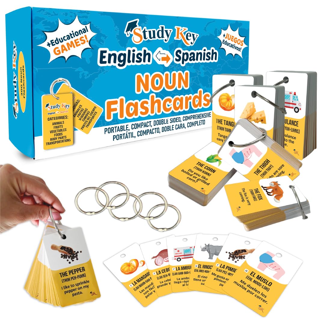 300 Vocabulary Flashcards | Double Sided English-Spanish Bilingual Flashcards for Adults & Kids Ages 12+ | Portable Noun Flash Cards to Learn Spanish for Adult Beginners