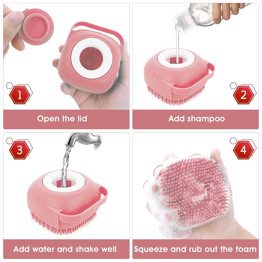 Molain Dog Cat Bath Brush Comb Silicone Rubber Dog Grooming Brush Silicone Puppy Massage Brush Hair Fur Grooming Cleaning Brush Soft Shampoo Dispenser (pink)