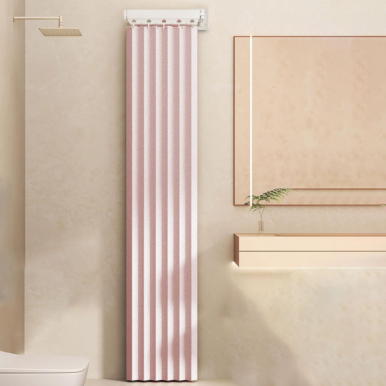 WQPMNYG Adjustable No-Drill Foldable Shower Curtain Rod with Waterproof Curtain L/U Shape Retractable Design for Small Bathrooms RVs Changing Rooms – Space-Saving Solution
