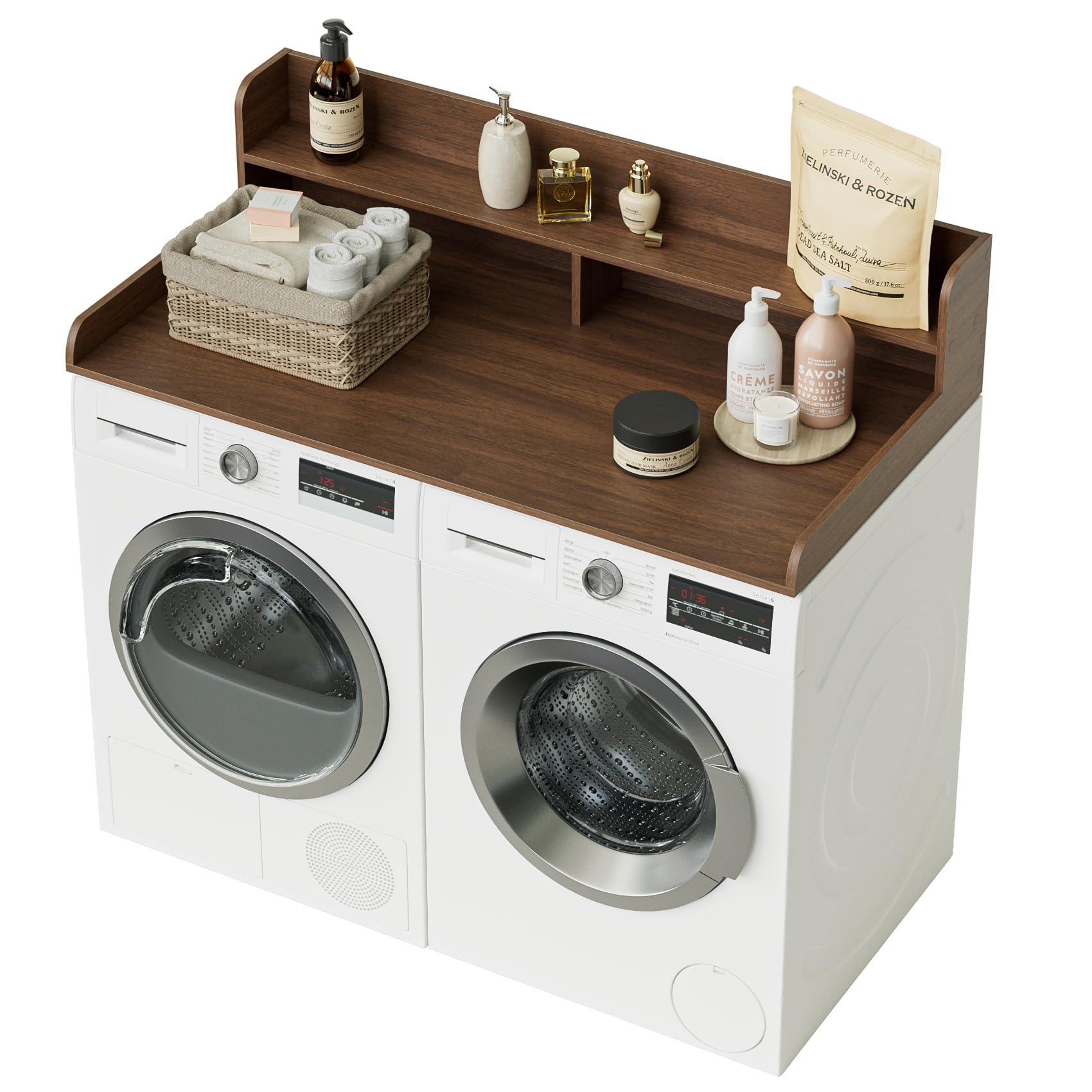 Arbeitsplatte für Waschmaschine und Trockner mit 2-stufigem Regal, Wasserabweisende Waschmaschinenabdeckung, Waschmaschinenregal mit Anti-Rutsch-Pads, Abdeckung Waschmaschine Holz, Walnuss