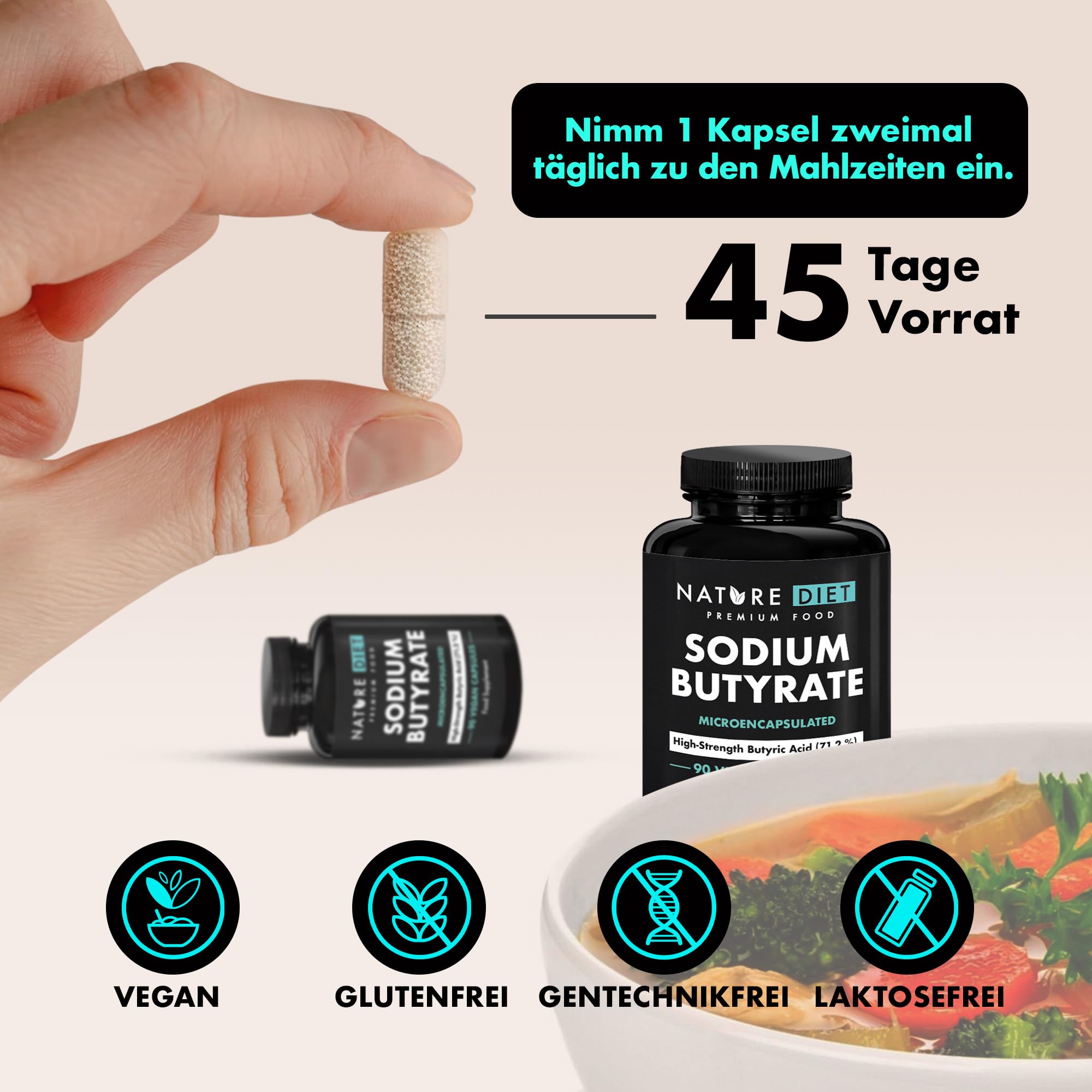 Natriumbutyrat | Hochdosiert | 720 mg pro Portion | Unterstützt Darm & Verdauung | 90 Kapseln | 45-Tage-Vorrat | von Nature Diet