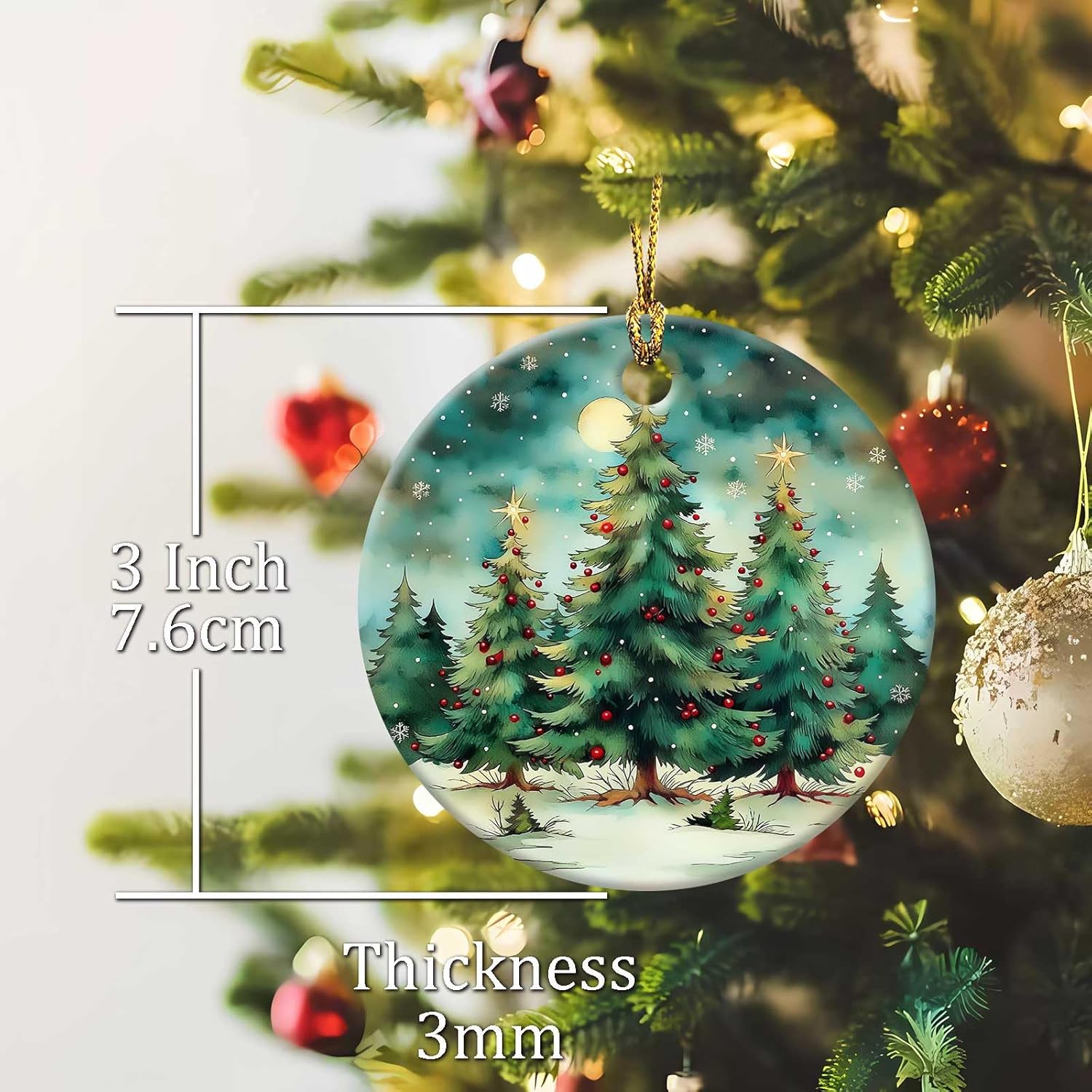 Christmas Tree Forest Ornaments Round Ceramic Ornament Christmas Keepsake Decor for Xmas Tree Winter Holiday Xmas Gift for Women Men Hanging Ornament 3" - Image 6