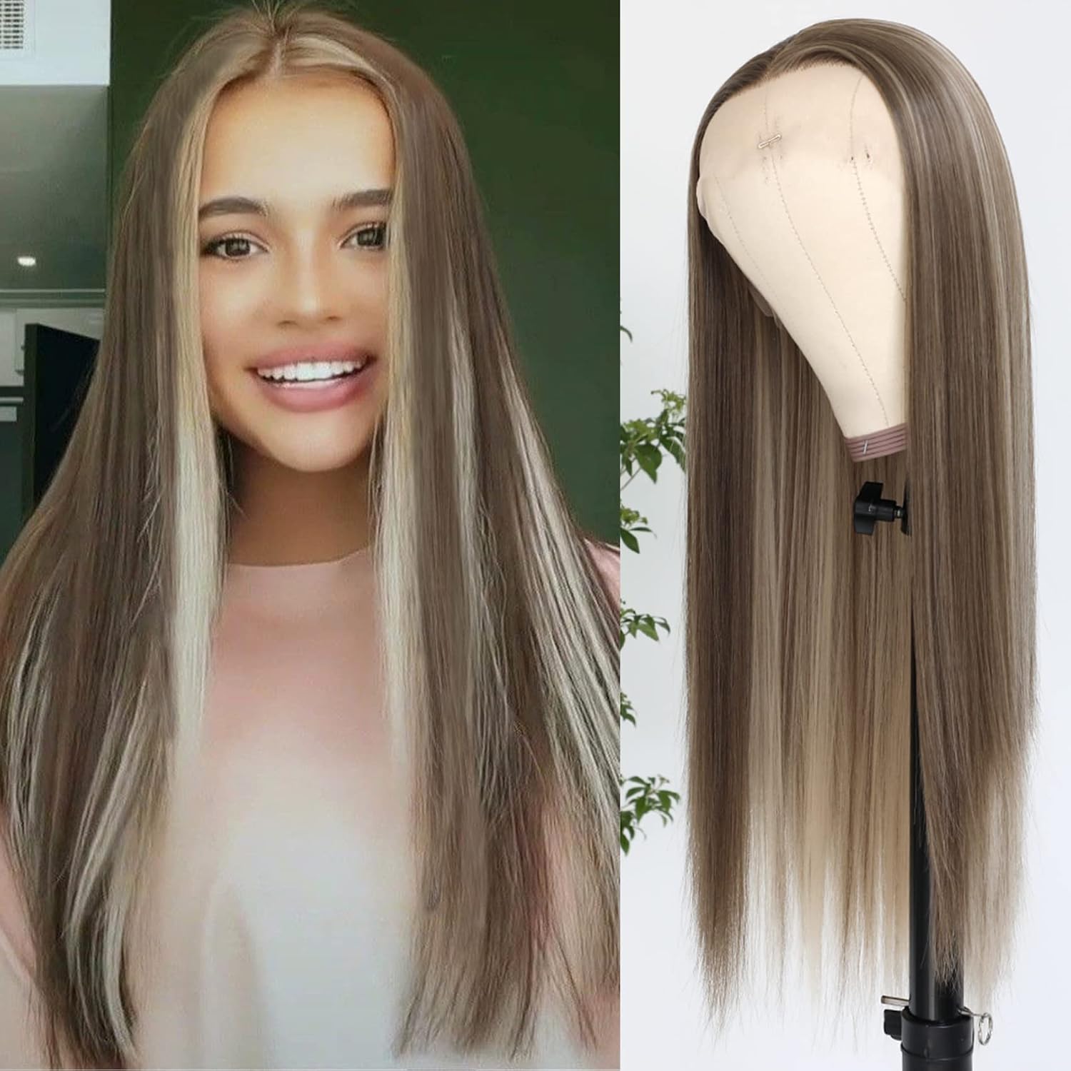 Lovestory Ash Blonde Synthetic Lace Front Wig for Fashion Women Silky Straight Brown Mixed Blonde Heat Resistant Synthetic Lace Front Wigs Natural Hairline