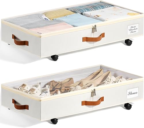 Juego de 2 contenedores de almacenamiento debajo de la cama con ruedas, contenedor de almacenamiento debajo de la cama con tapa transparente, 6.7