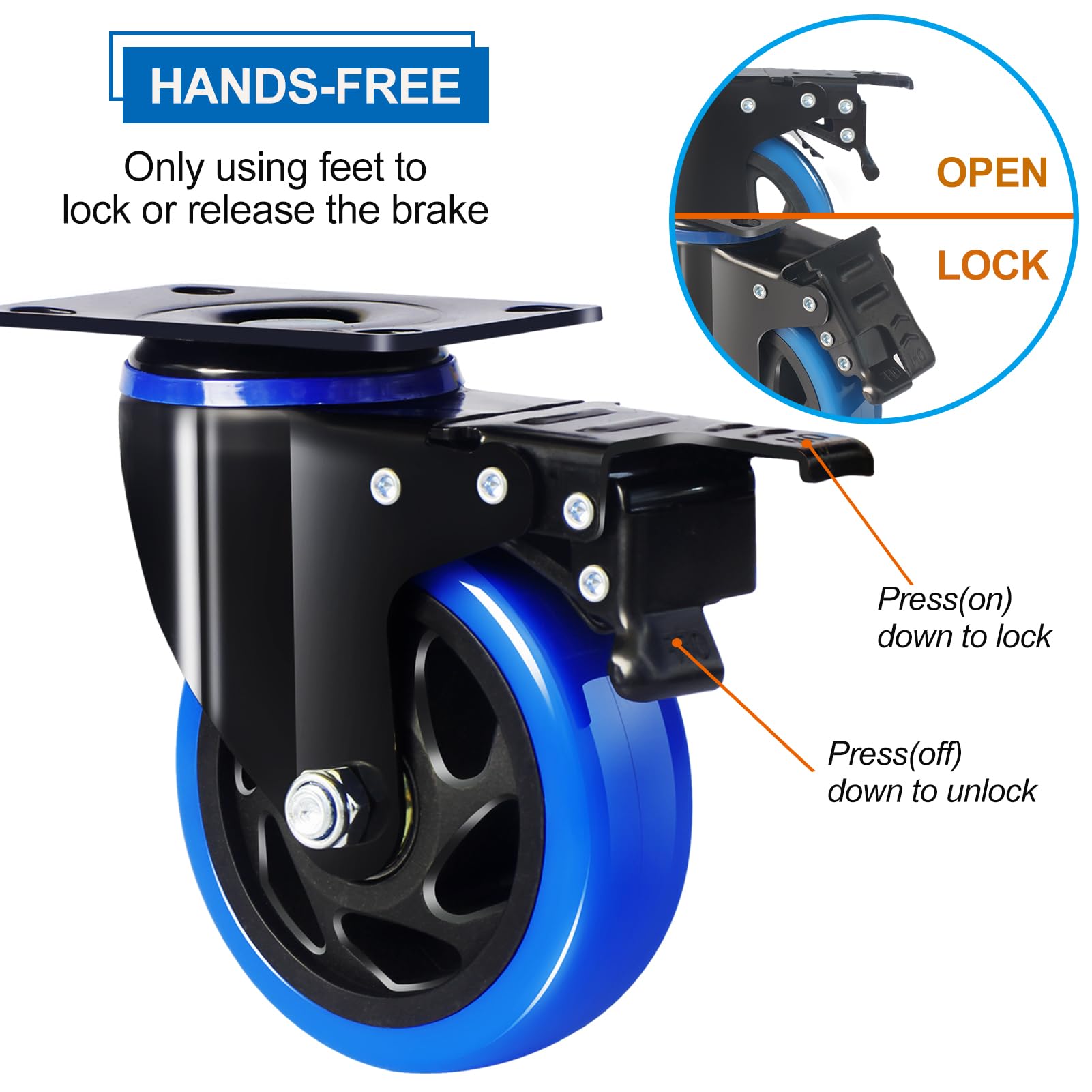 Snapklik.com : 4 Inch Caster Wheels 2200lbs, Hands-Free A/B Brake ...