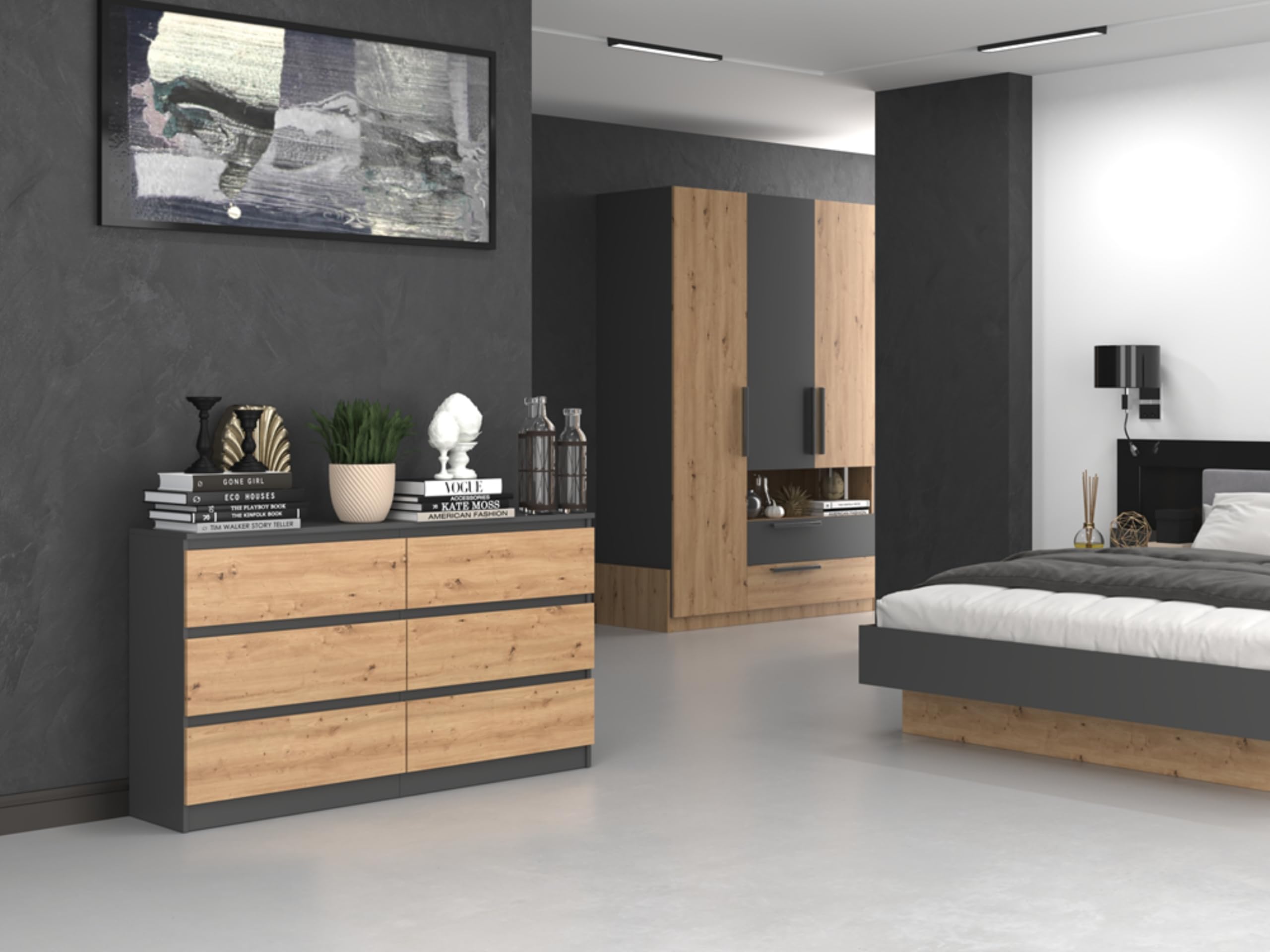 Home Collective Kommode, Schlafzimmer Flur, Schrank, Sideboard, Highboard mit 6 Schubladen, Breite 140 cm Höhe 75 | Anthrazit Artisan Perfekt für Wohnzimmer, Schlafzimmer oder Esszimmer