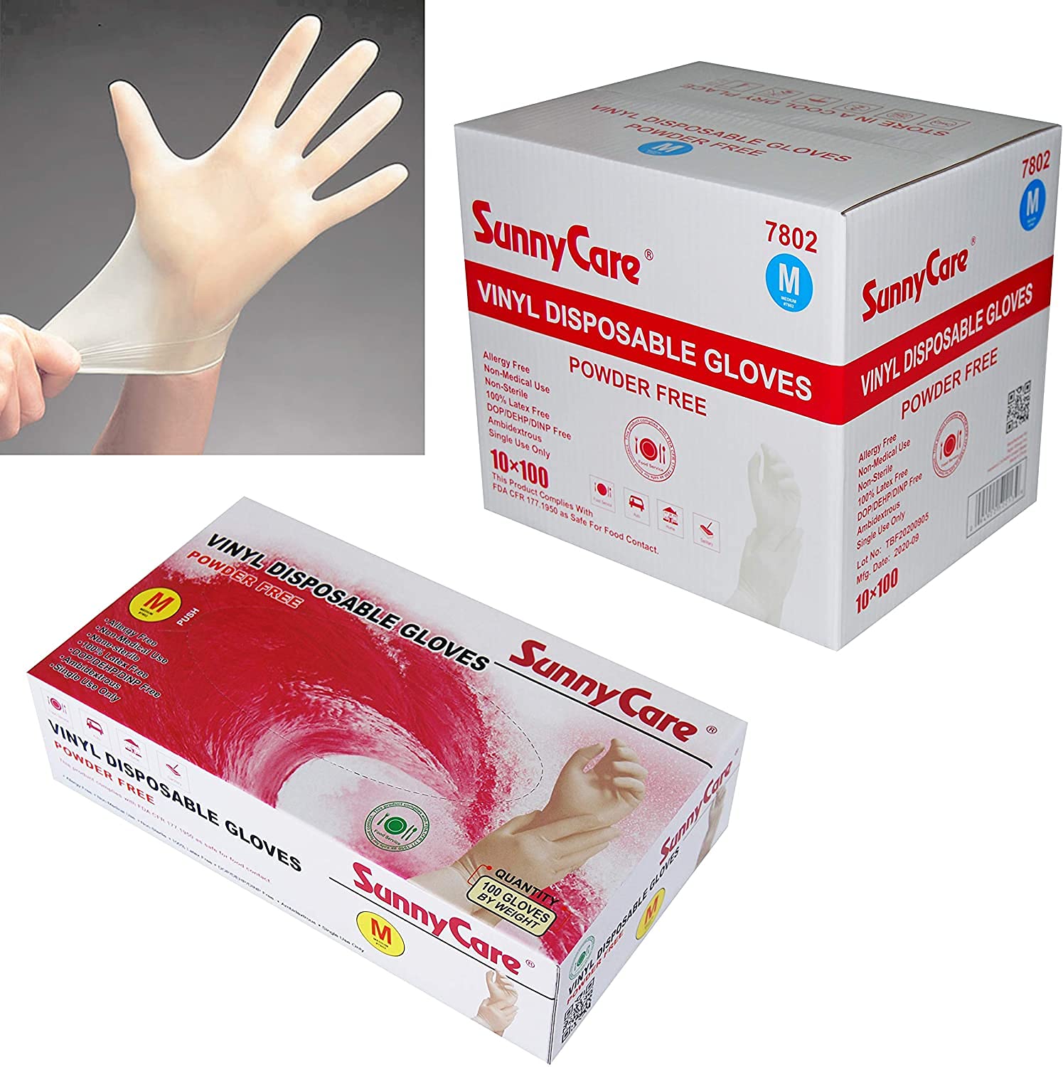 SunnyCare 1000 Powder Free Vinyl Gloves Food Service (Latex Nitrile Free) 100/box; 10boxes/case Medium