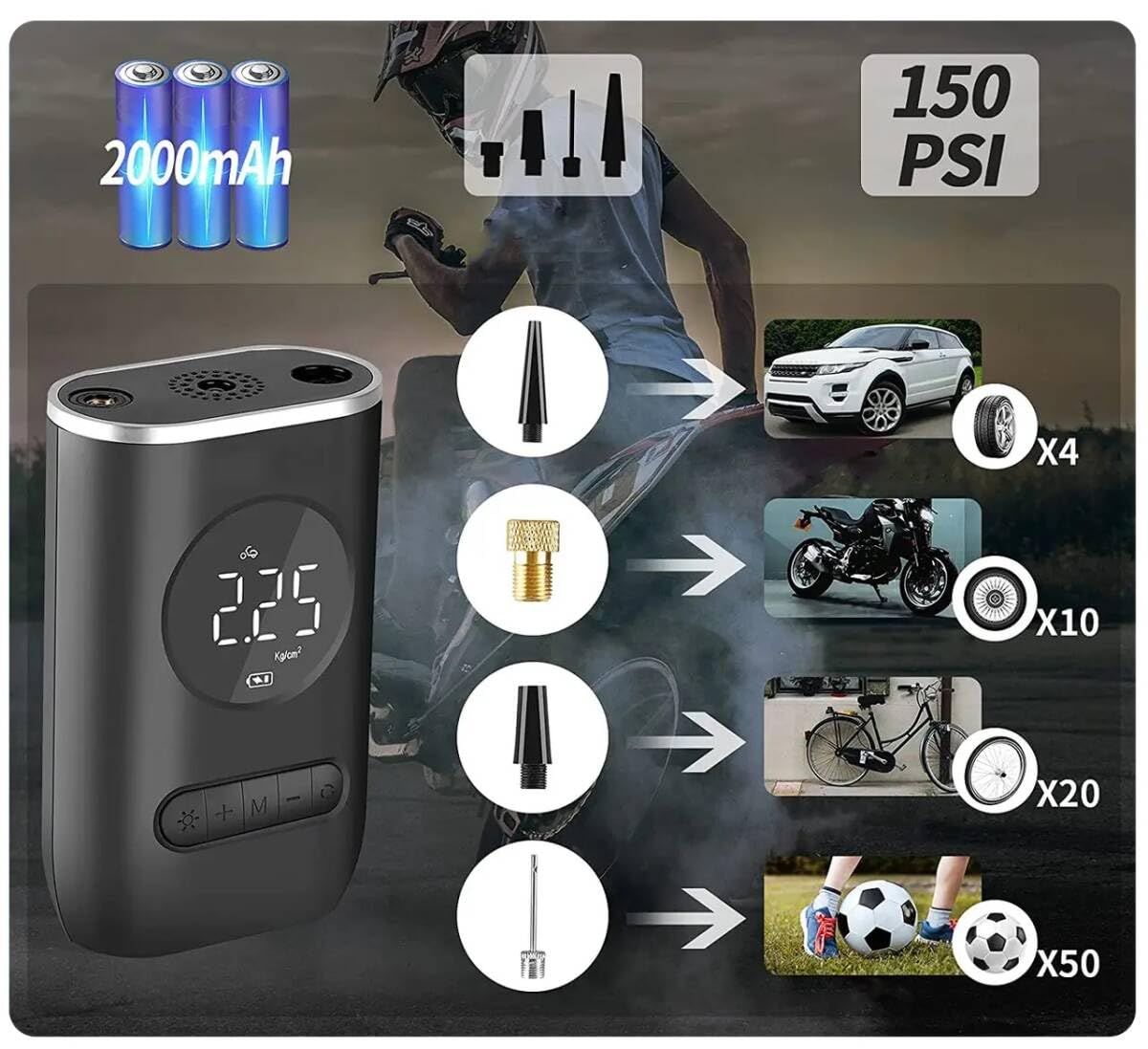 Amazon | 150PSI 充電式 エアコンプレッサー CZK-3668