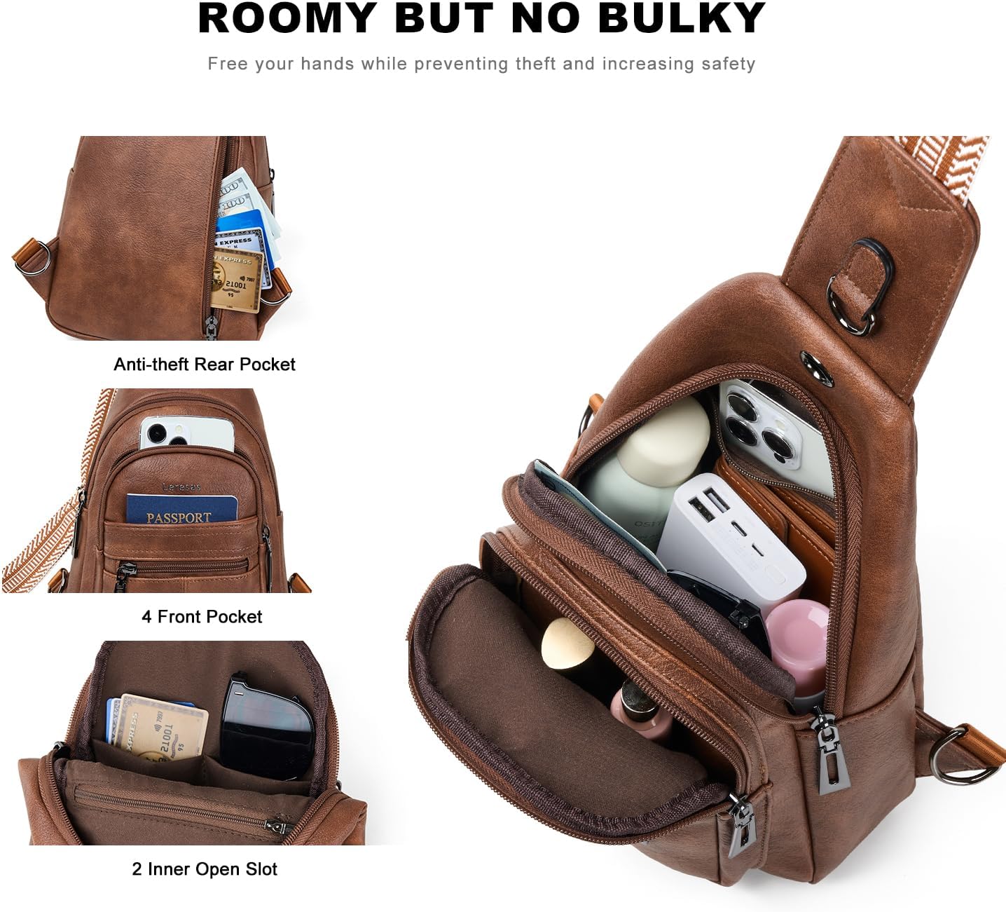 7L Sling Bag for Women Vegan Leather Crossbody Purse Chest Bags Fashionable Trendy Fanny Pack with Travel, Brown - Image 5