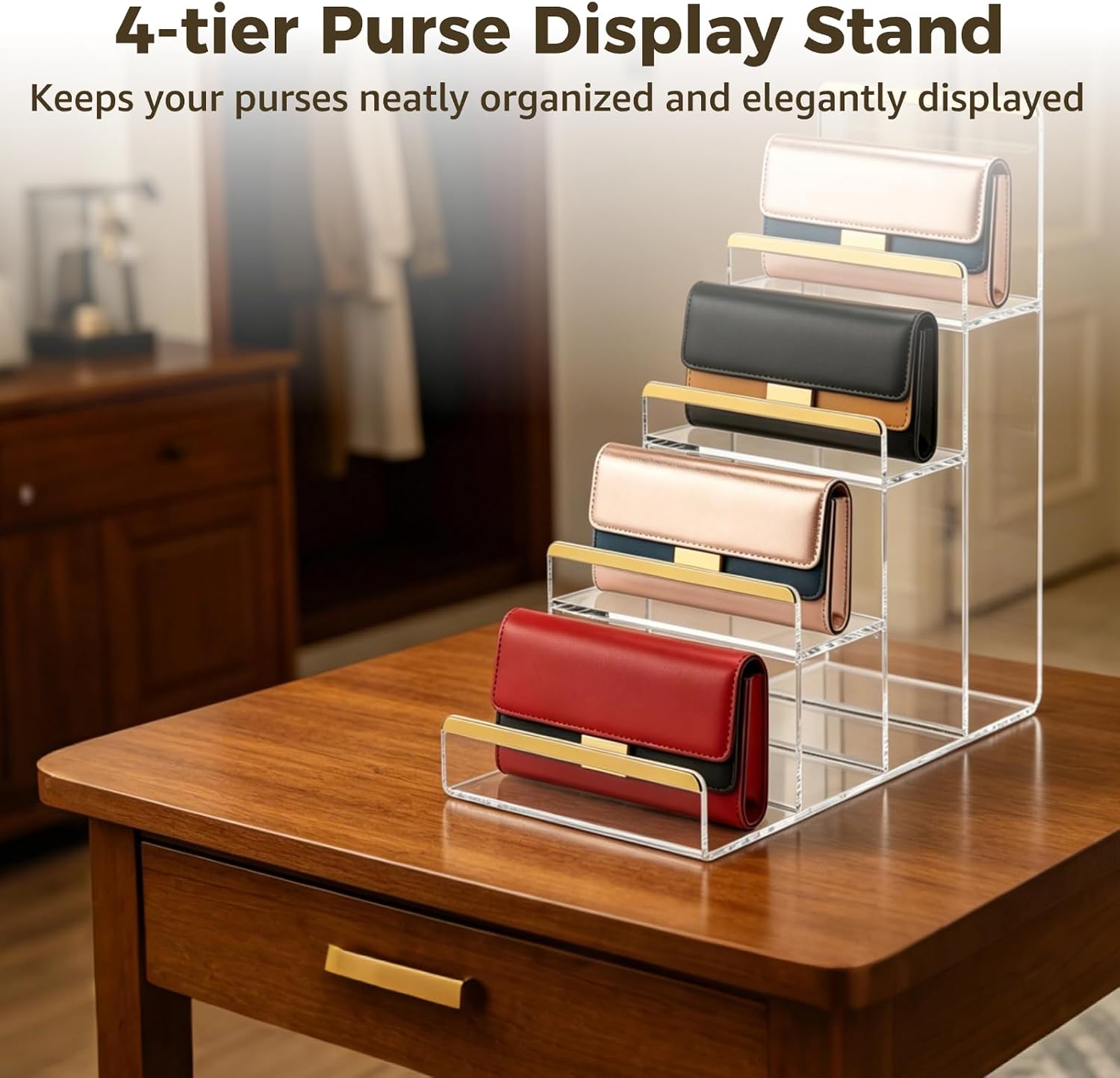 2 PCS Acrylic Purse Display Stands - 4-Tier Wallet Risers with Gold Trim, Clear Handbag Display Shelves for Clutches, Perfume, Accessories, and Countertop Organizer, 8.7 x 4.3 x 9.1 inches