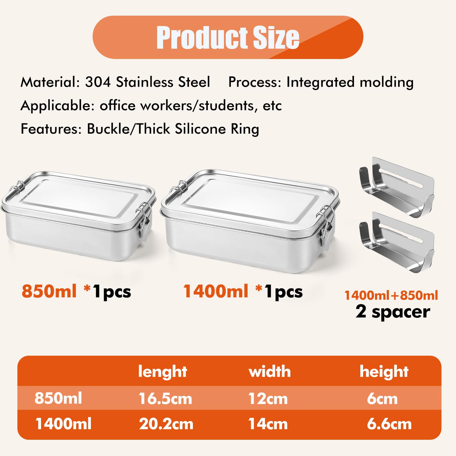 BORDEAG Lunch Box In Acciaio Inox,850ml+1400ml Contenitore Per Il Pranzo In Acciaio Inox Con 2 850ML+2 1400ML Partizione Rimovibile,Lunch Box Acciaio Inossidabile Per Bambini E Adulti