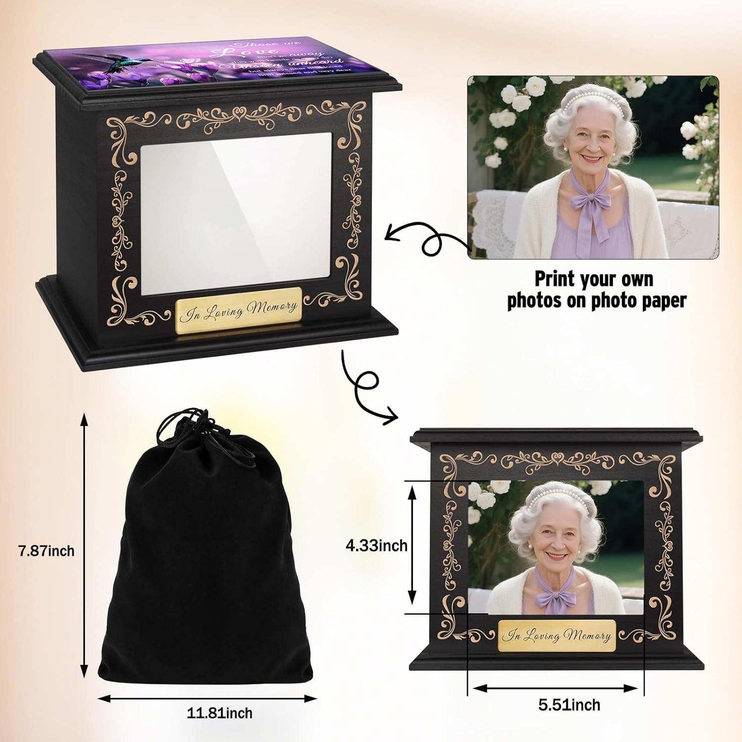 Cremation Urns for Human Ashes Adult Male Female, Hummingbird Memorial Urn with Picture Frame, Wooden Urns Box and Casket for Men Women, Large Funeral Urn for Adults Up to 200 IBS