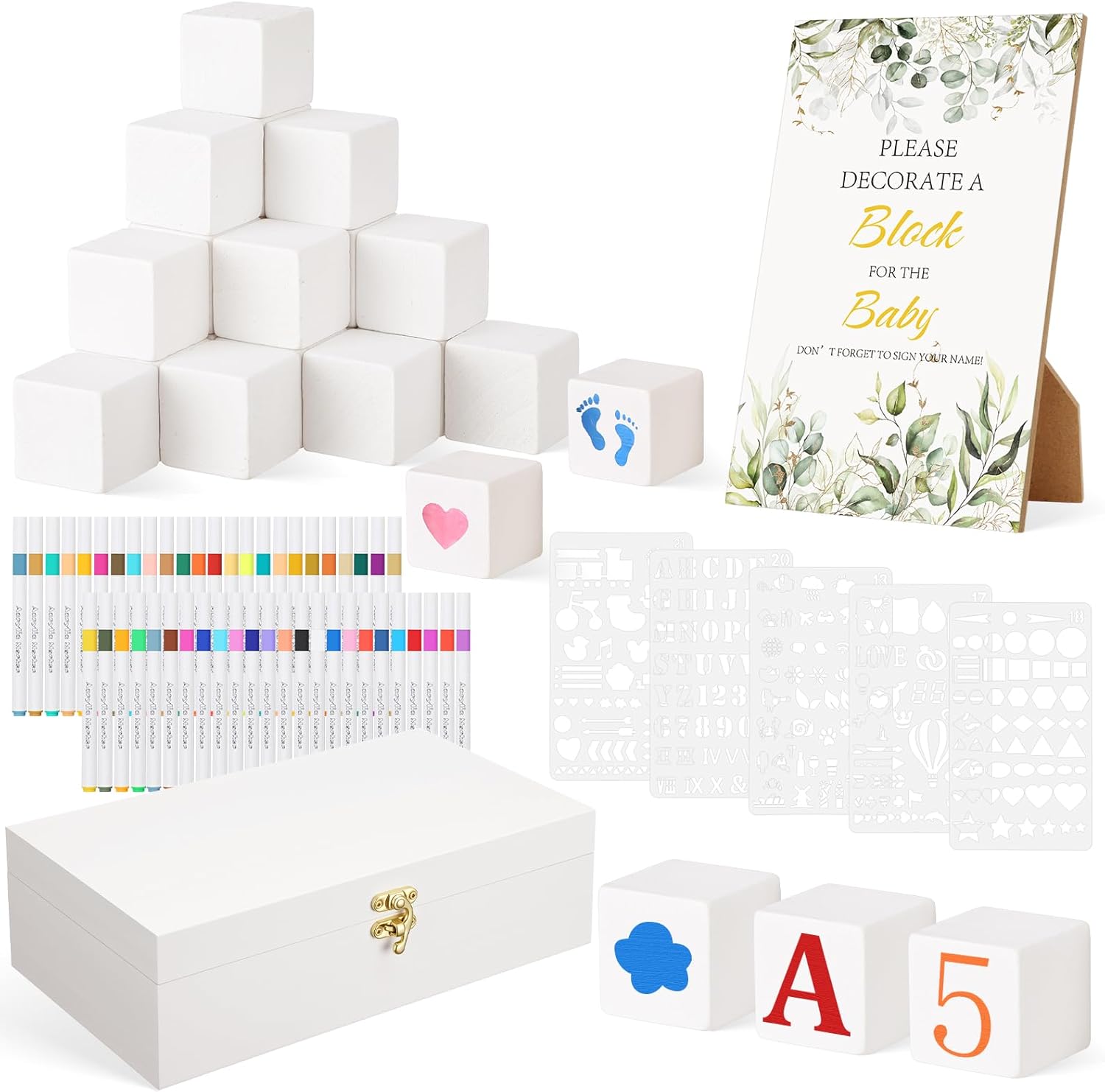 119 Pcs Baby Shower Game – 64 White Wooden Cubes to Decorate, Storage Box, 48 Acrylic Markers, 5 stencil templates & Instruction Sign