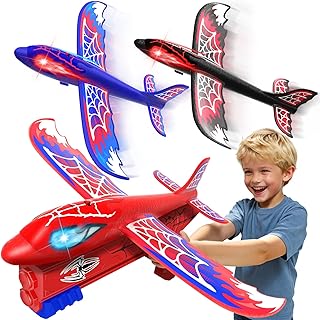 3 Pack Airplane Launcher Toy with Glowing Eyes & Web-Pattern Wings,2 Flight Modes Outdoor