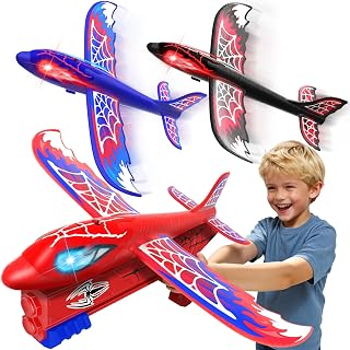 Cool Airplane Launcher Toy with Glowing Eyes & Web-Pattern Wings,2 Flight Modes Outdoor Games for Kids,Boys Toys Age 3-12,Birthday Gifts for 3 4 5 6 7 8 9 10 11 12 Year Old,Kids Gift(Red&Blue&Black) - Amazon product rated Grade A