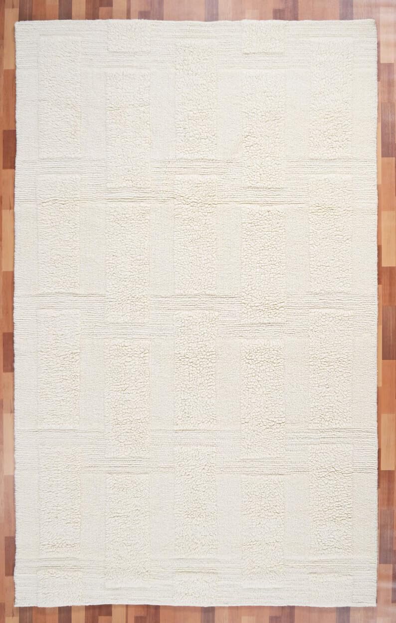 Hand Woven Ivory Wool Rectangular Minimal Textured Living Room Area Rug 54 Pounds 8.0x10.0