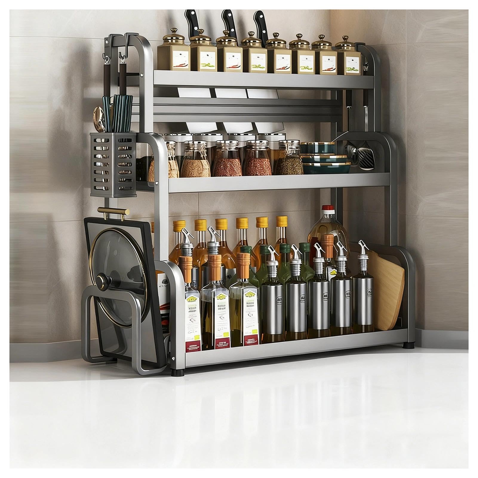 HADECOLL Sturdy Rust-Free Metal Spice Rack With Knife Holder, Freestanding Large Spice Tray With Hooks And Utensil Holder, For Kitchen Counter, Office, Living Room,Grey-3 Tier-19.7