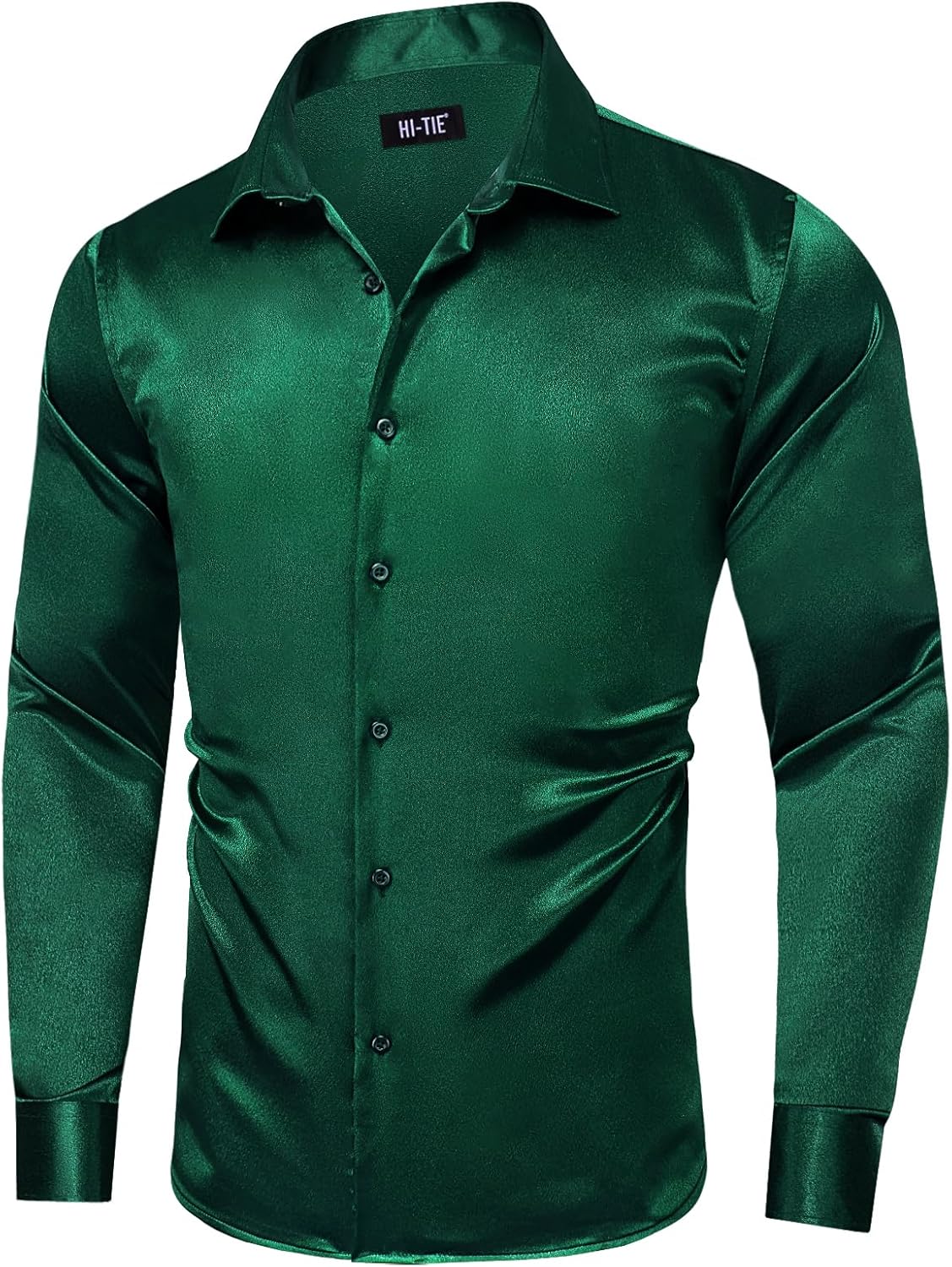 Hi-Tie Mens Satin Dress Shirt Long Sleeve Button Up Casual Luxrury Silk Shiny Prom Party Shirt - Image 3