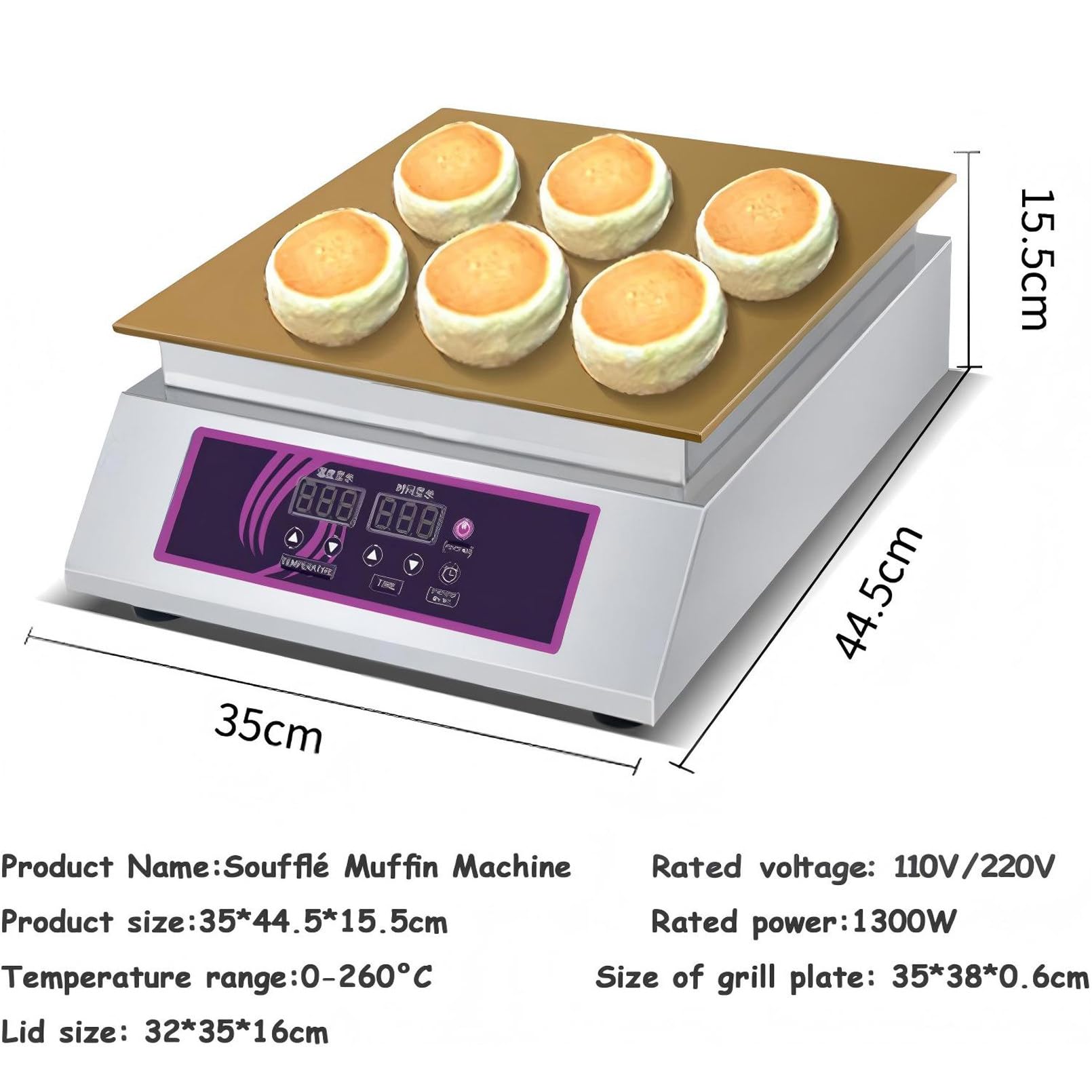 Máquina eléctrica para soufflé, dorayaki, de acero inoxidable SingleHead | con placas de cobre puro, de calidad comercial, para soufflé, panqueques y muffins. Pantalla digital